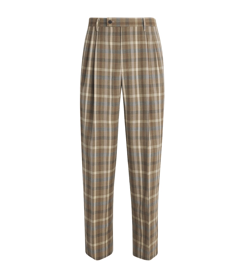 Auralee Mens Wool Check Pleated Wide-Leg Trousers Top Brown Check