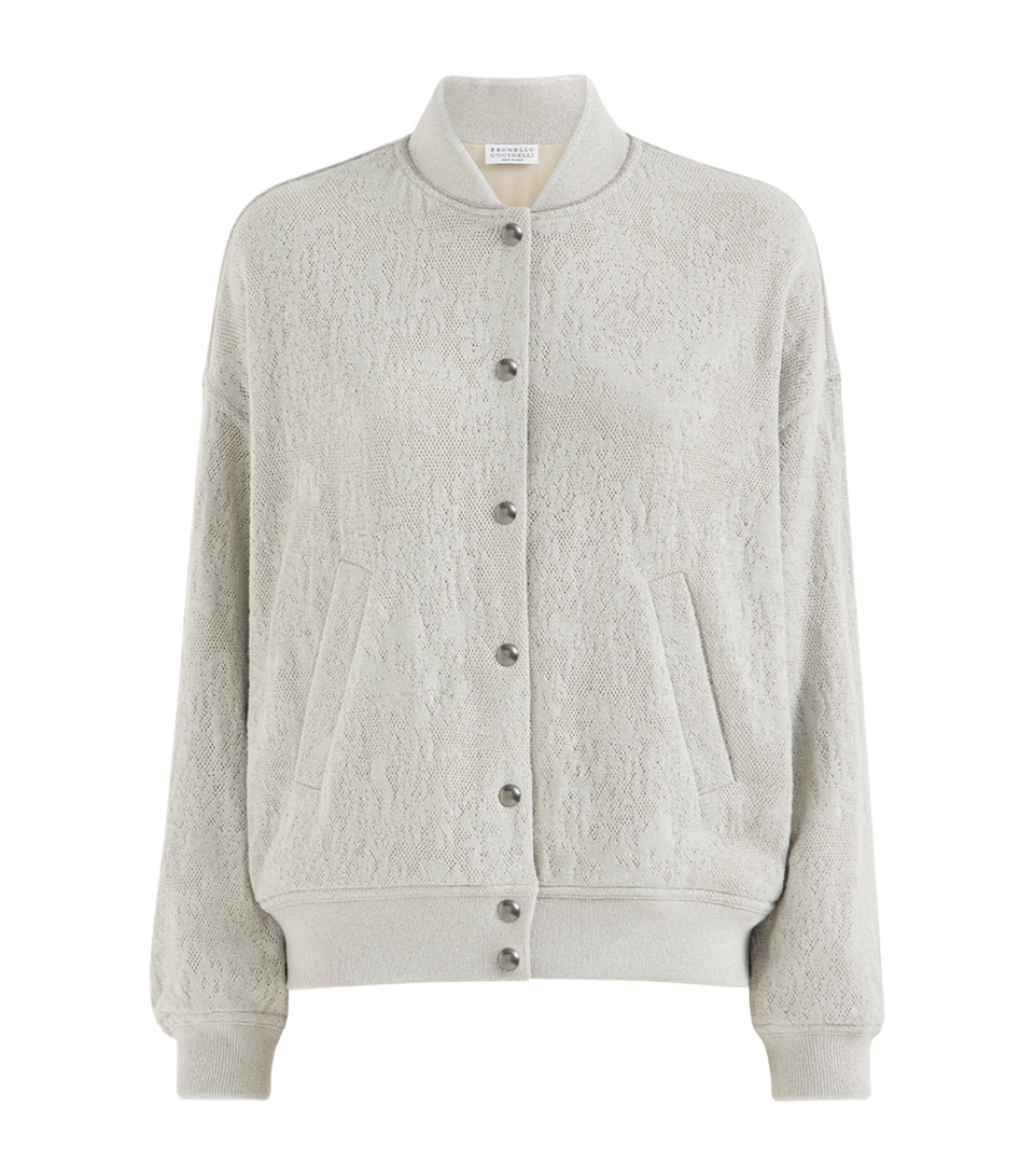 Brunello Cucinelli Womens Sparkling Lace Jersey Bomber Jacket Stone