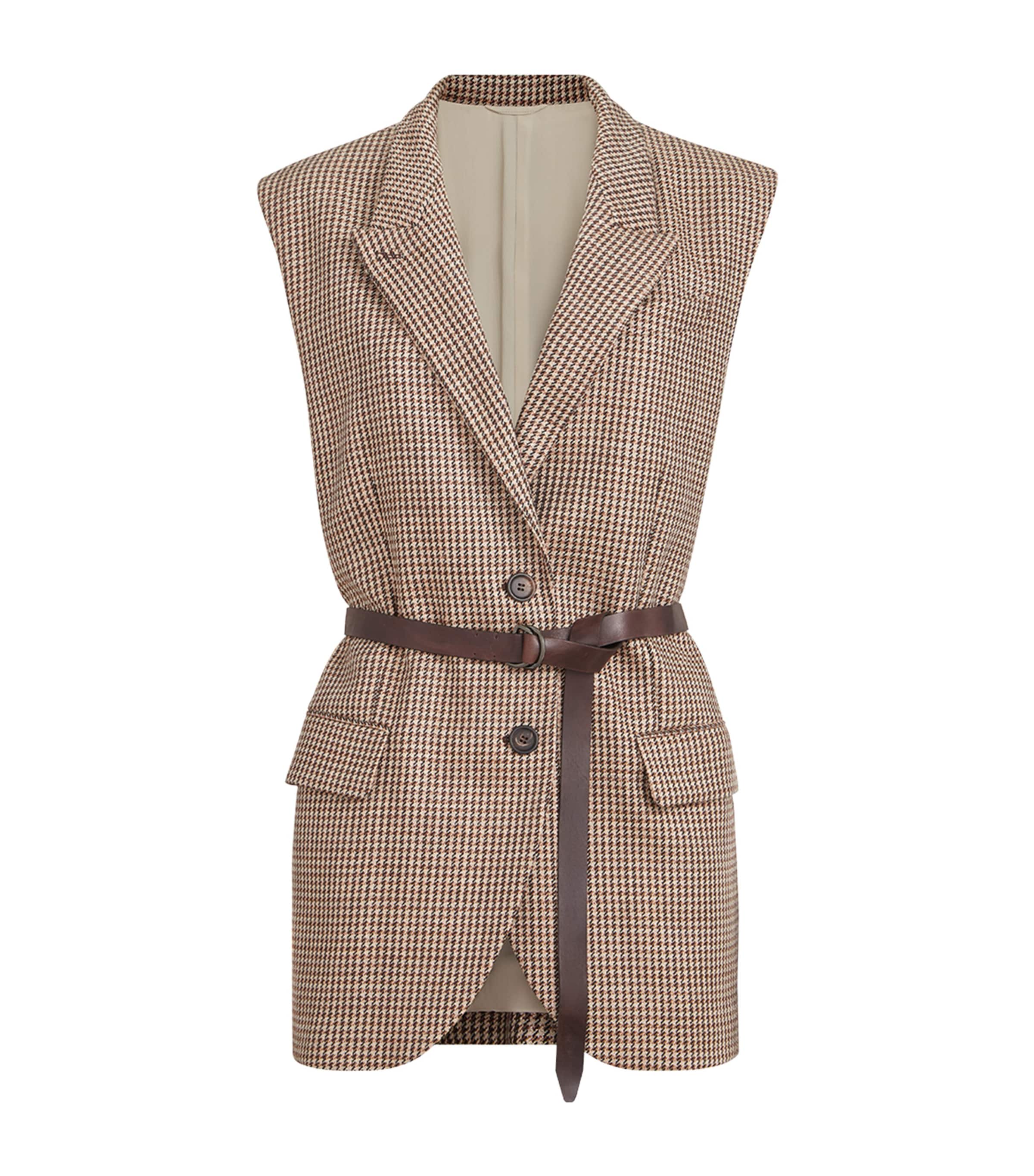 Brunello Cucinelli Womens Wool-Blend Houndstooth Sleeveless Blazer Beige+black