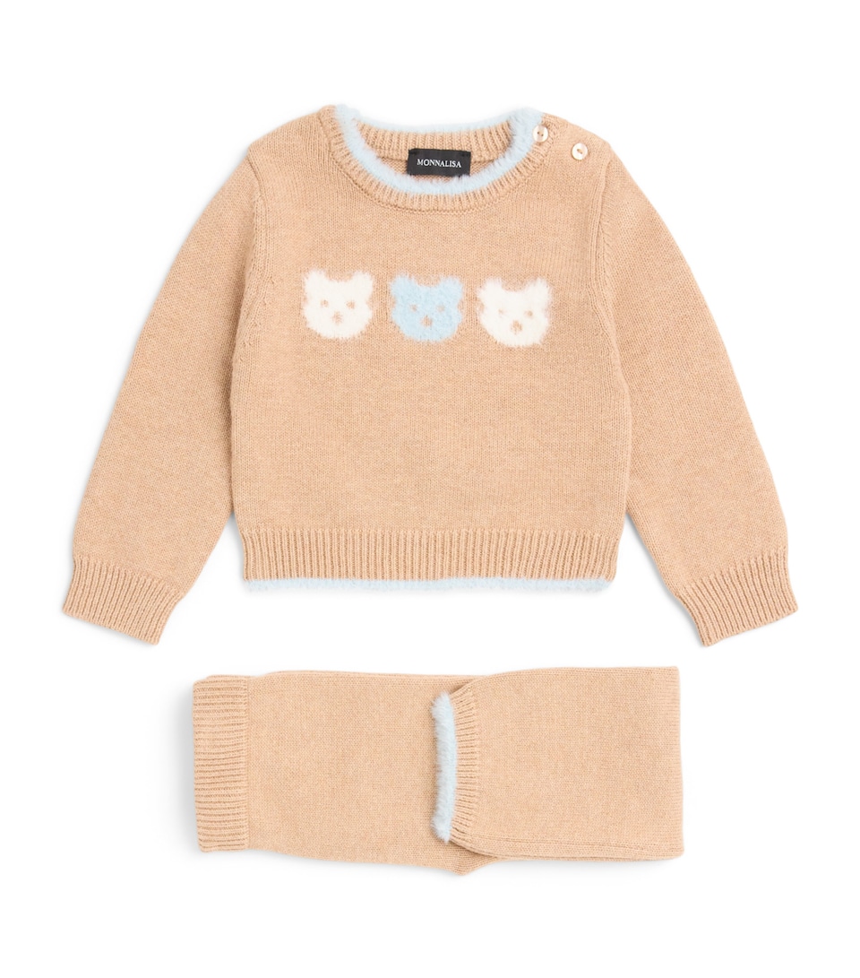 Monnalisa Cotton-Wool Bear Sweater and Trousers Set (1-18 Months) Beige