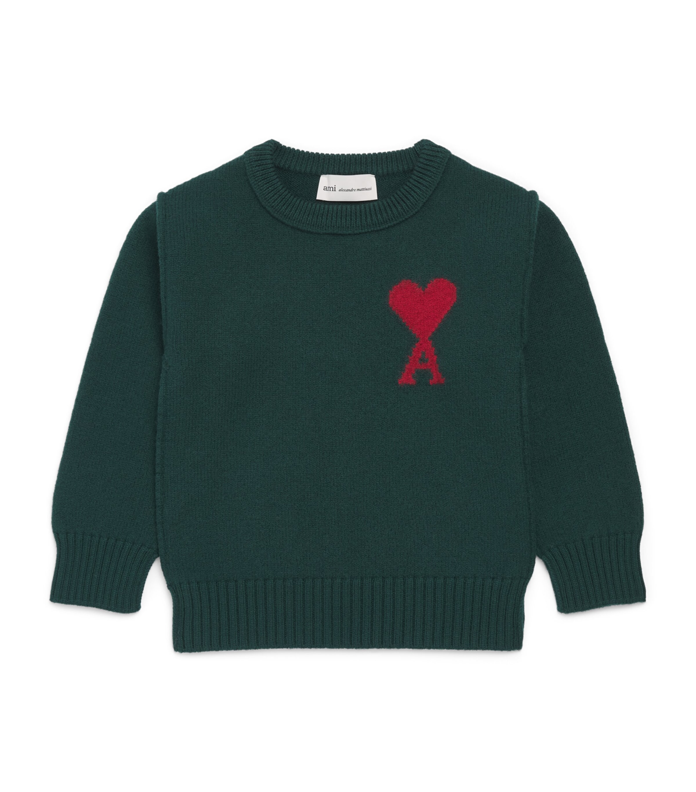 AMI Paris Virgin Wool Ami de Coeur Sweater (4-12 Years) : Vert Bouteille/rouge