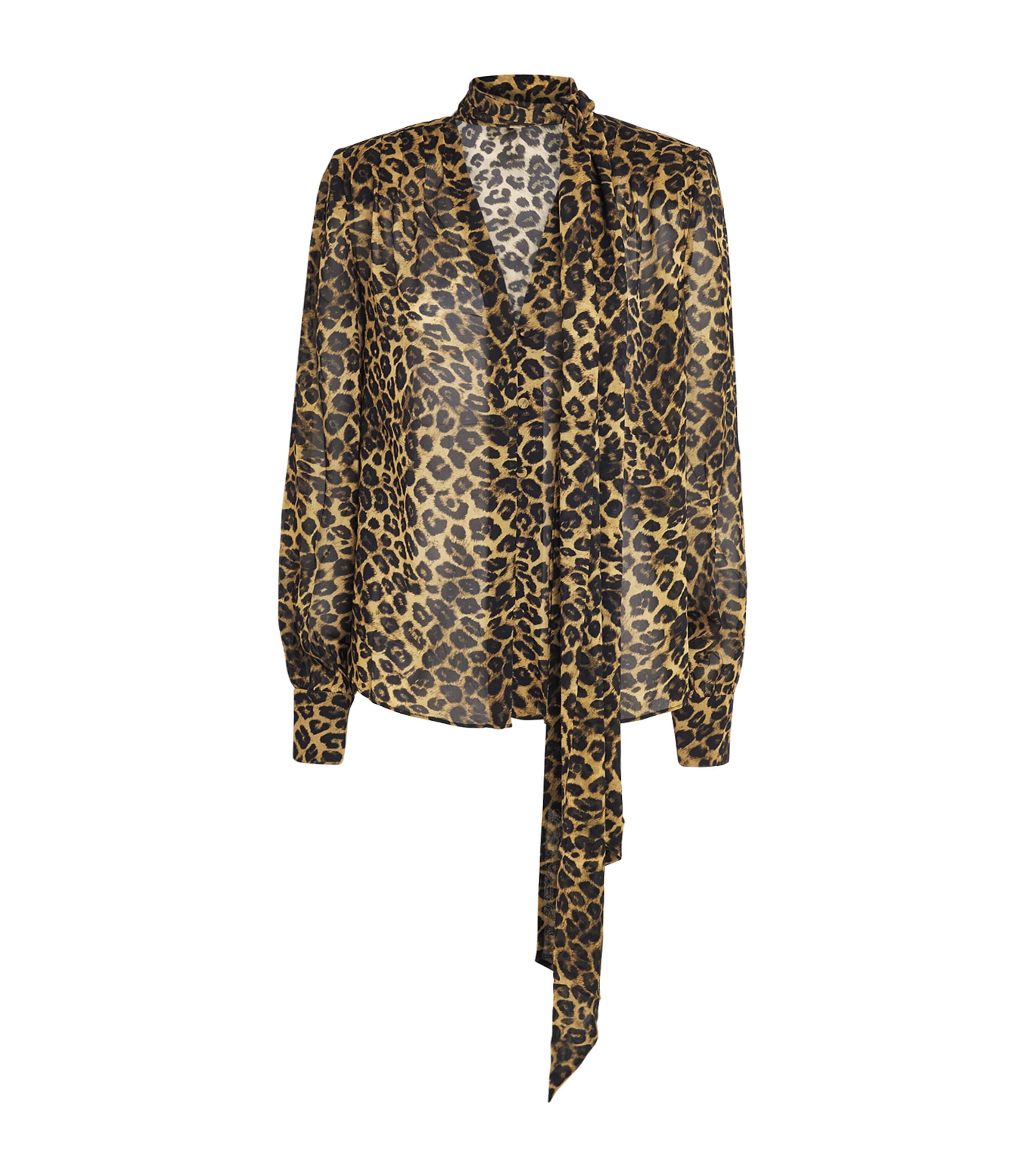 Toccin Womens Chiffon Tie-Neck Blouse Leopard
