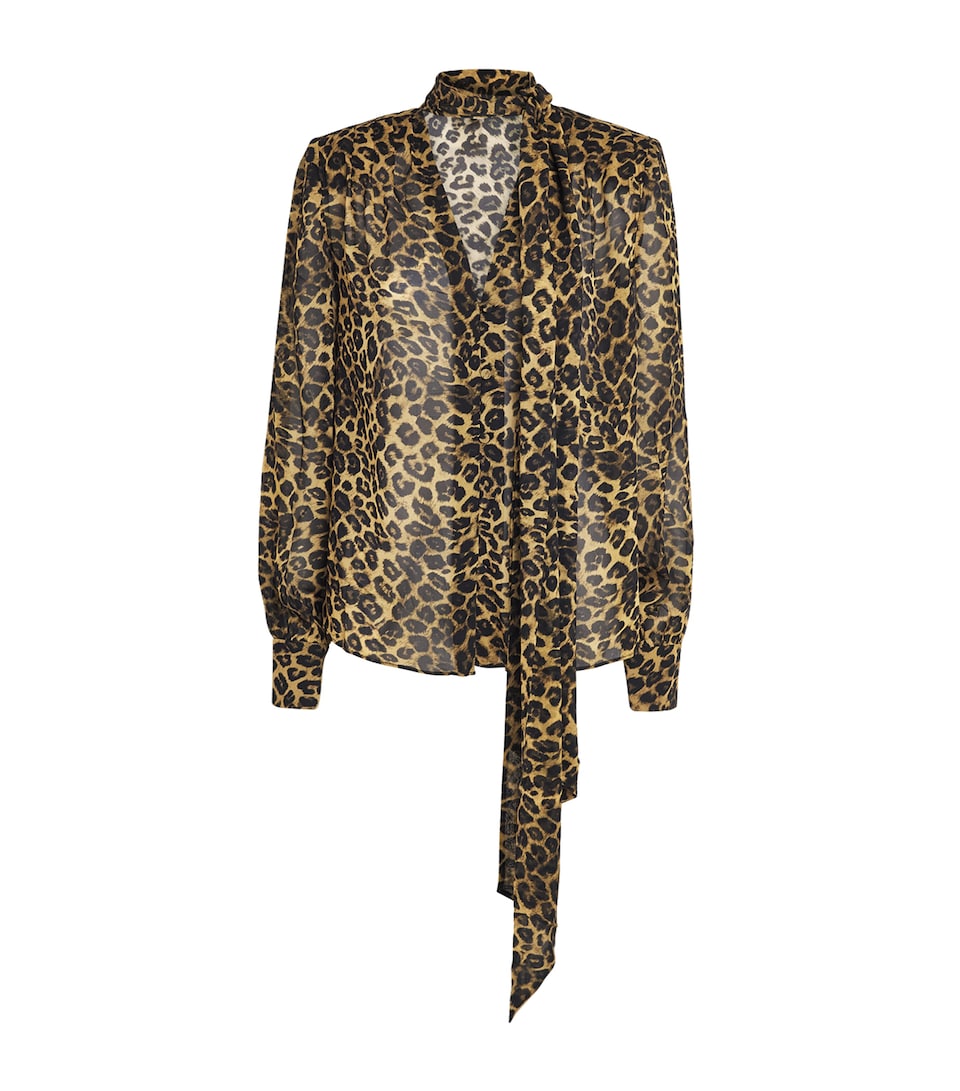 Toccin Womens Chiffon Tie-Neck Blouse Leopard