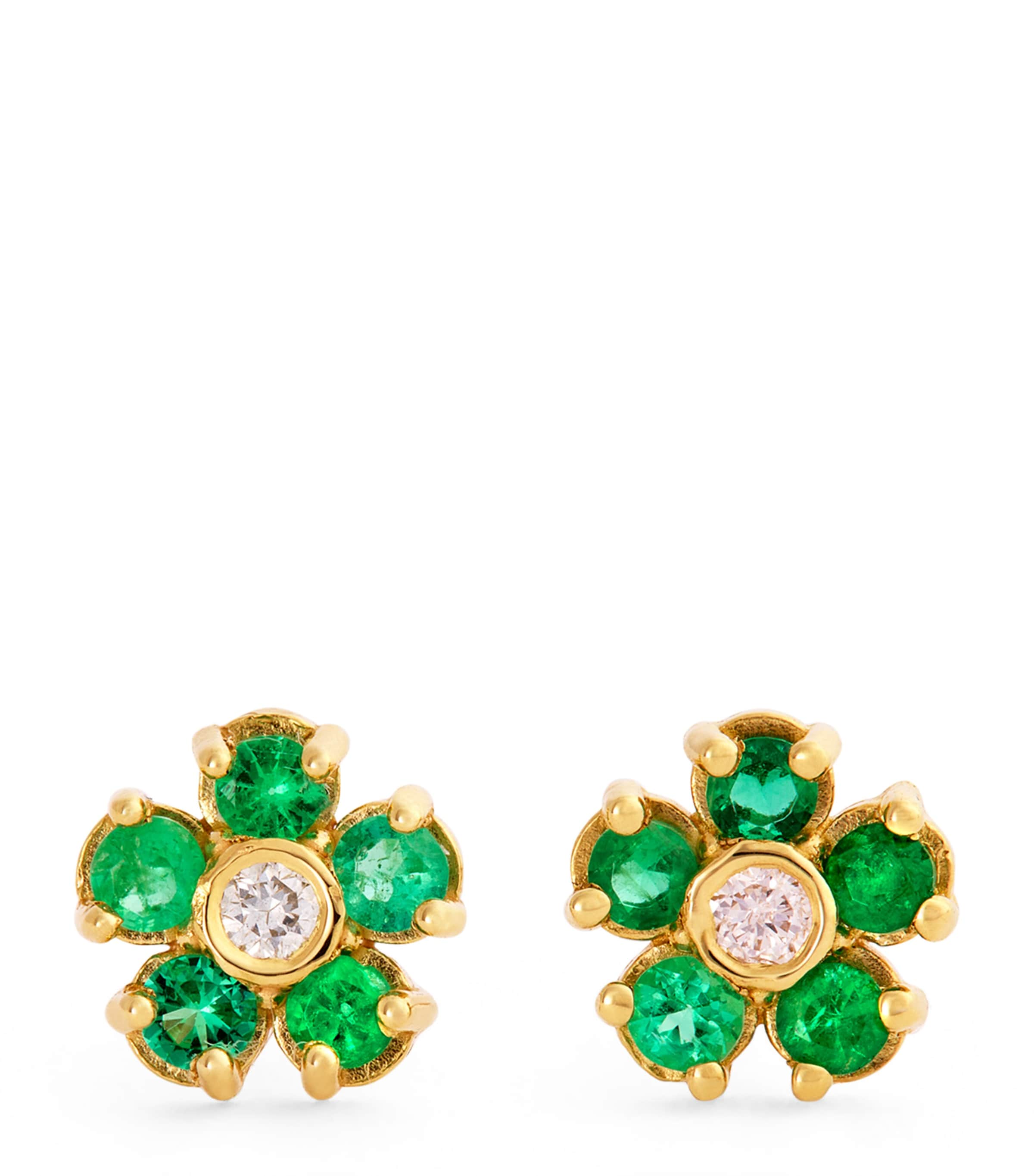 Mini Yellow Gold, Diamond and Emerald Edith Flower Earrings