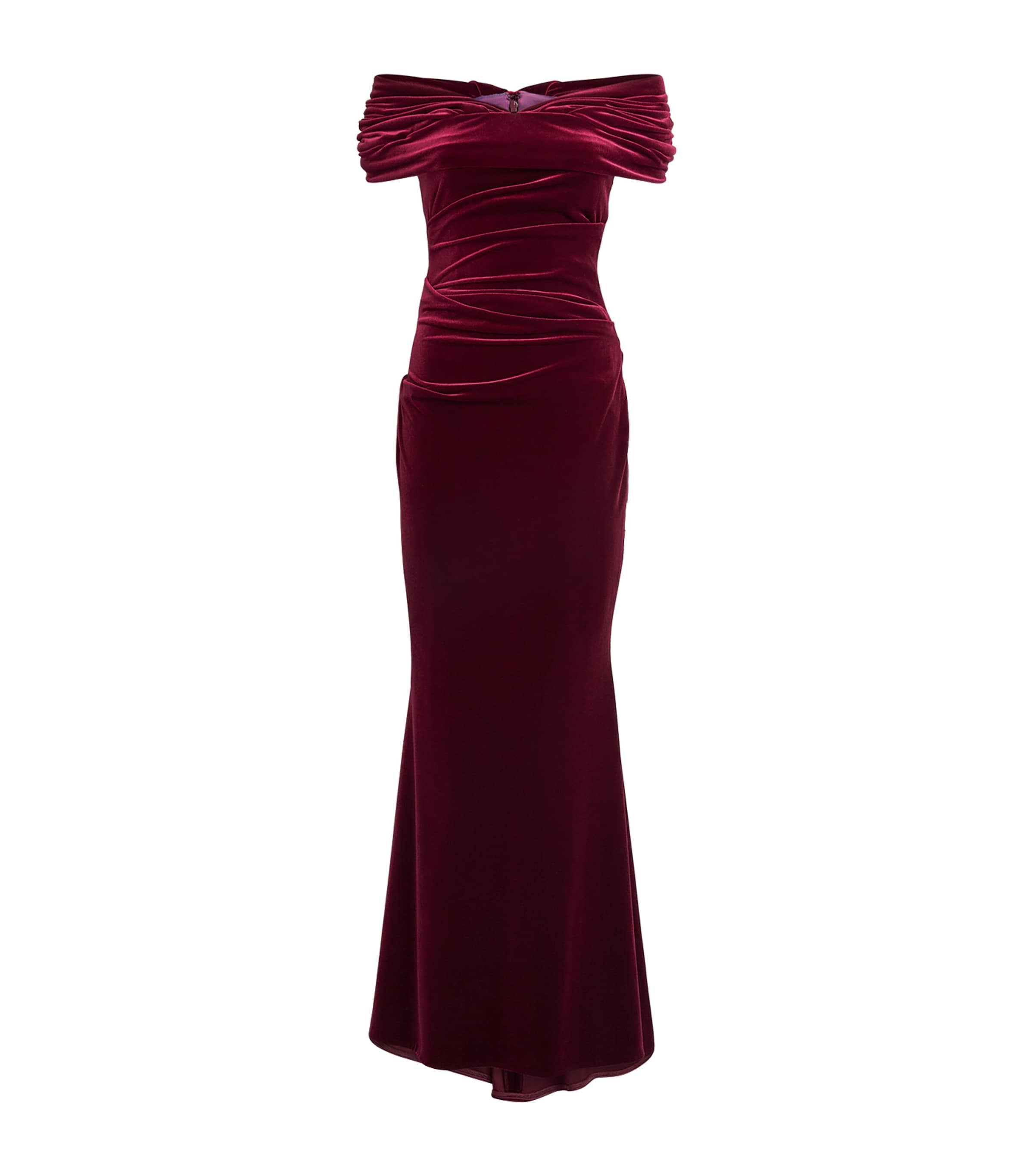 Talbot Runhof Womens Stretch-Velvet Ruched Gown Burgandy