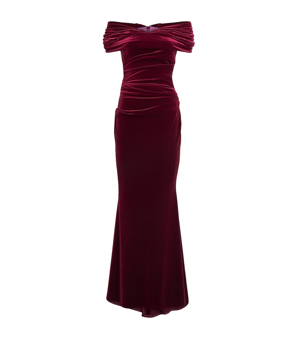Talbot Runhof Womens Stretch-Velvet Ruched Gown Burgandy