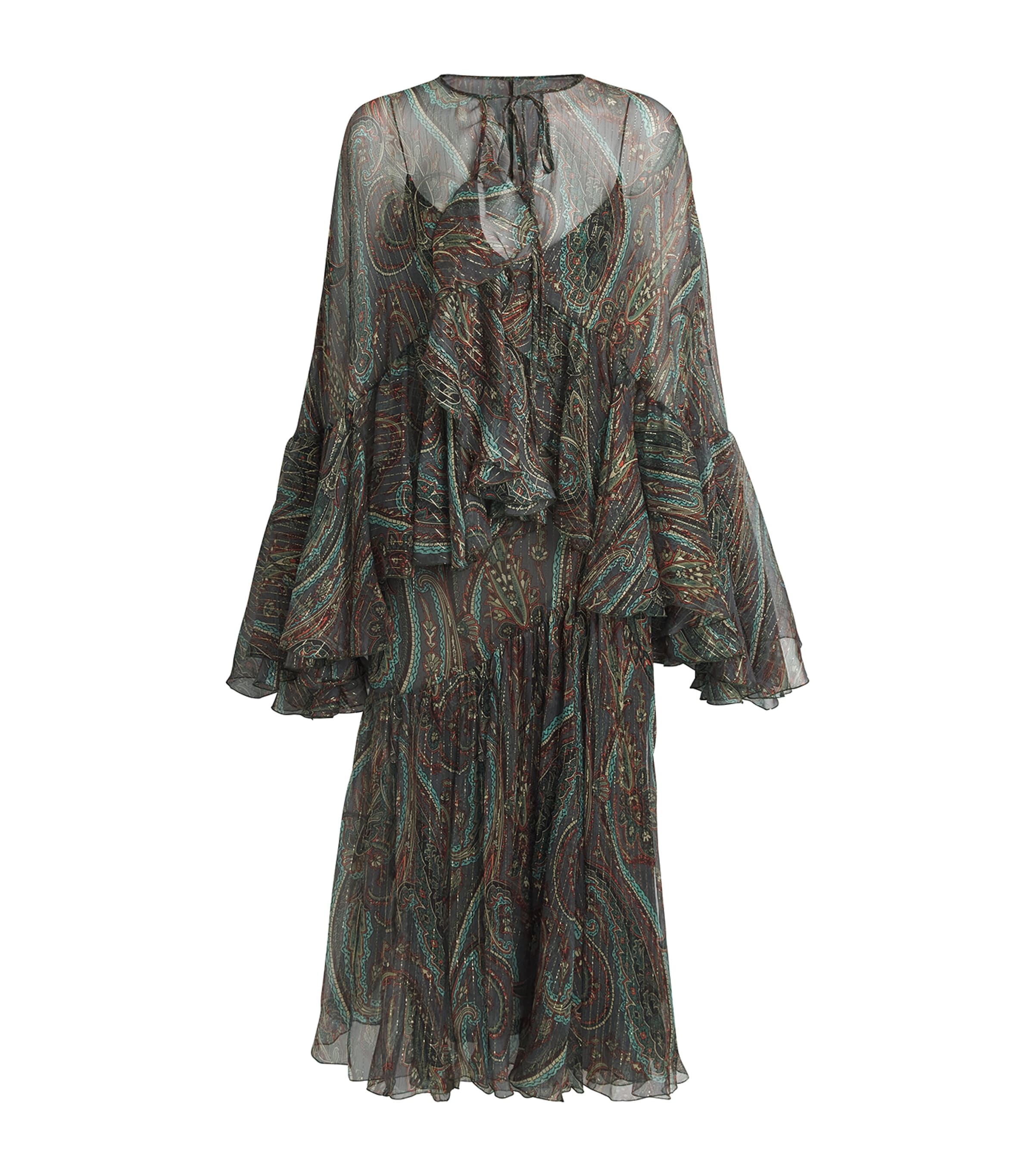 Etro Womens Silk Printed Ruffle Midi Dress Print On Grey