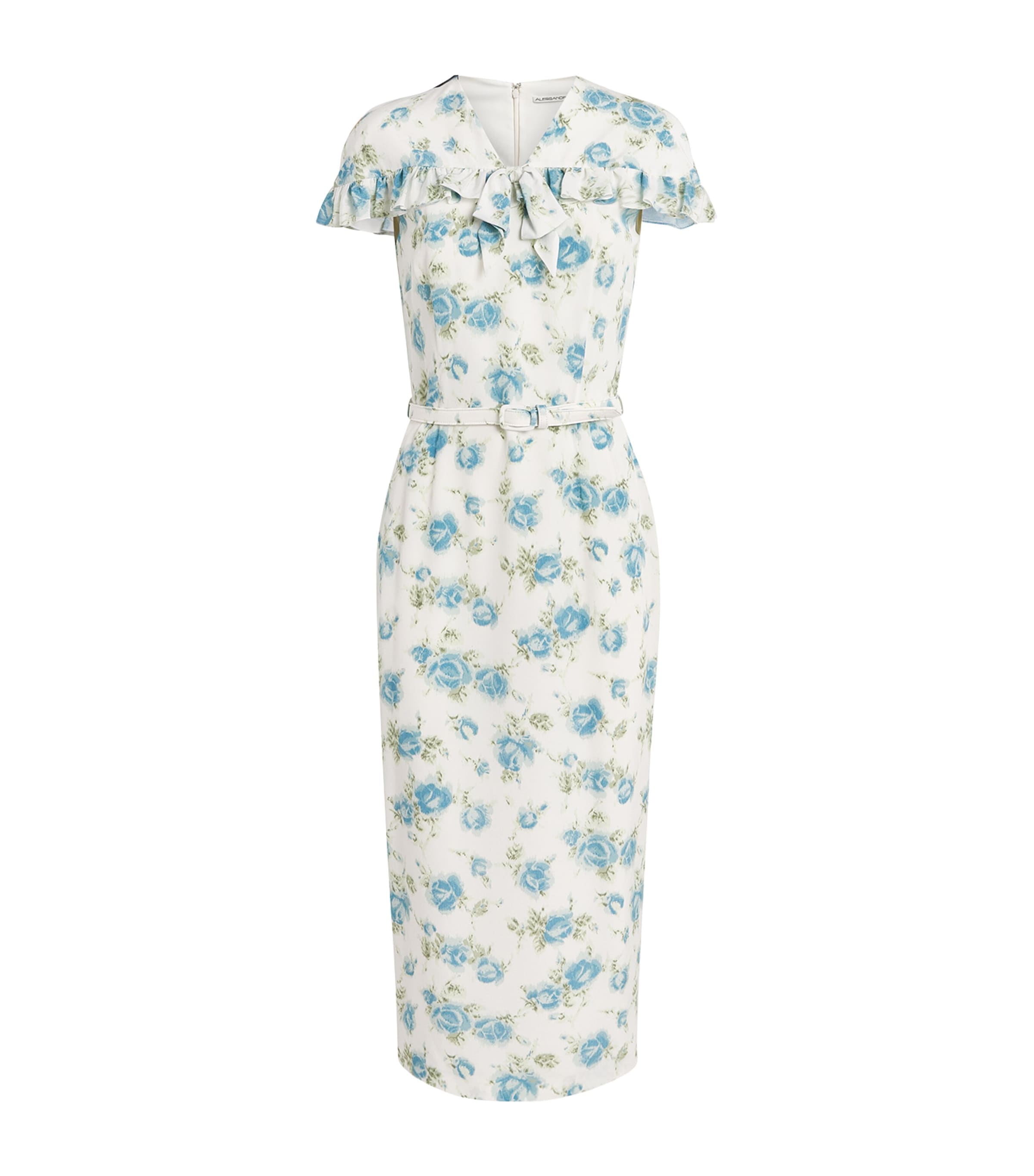 Alessandra Rich Womens Silk Floral Ruffled Midi Dress Blue White