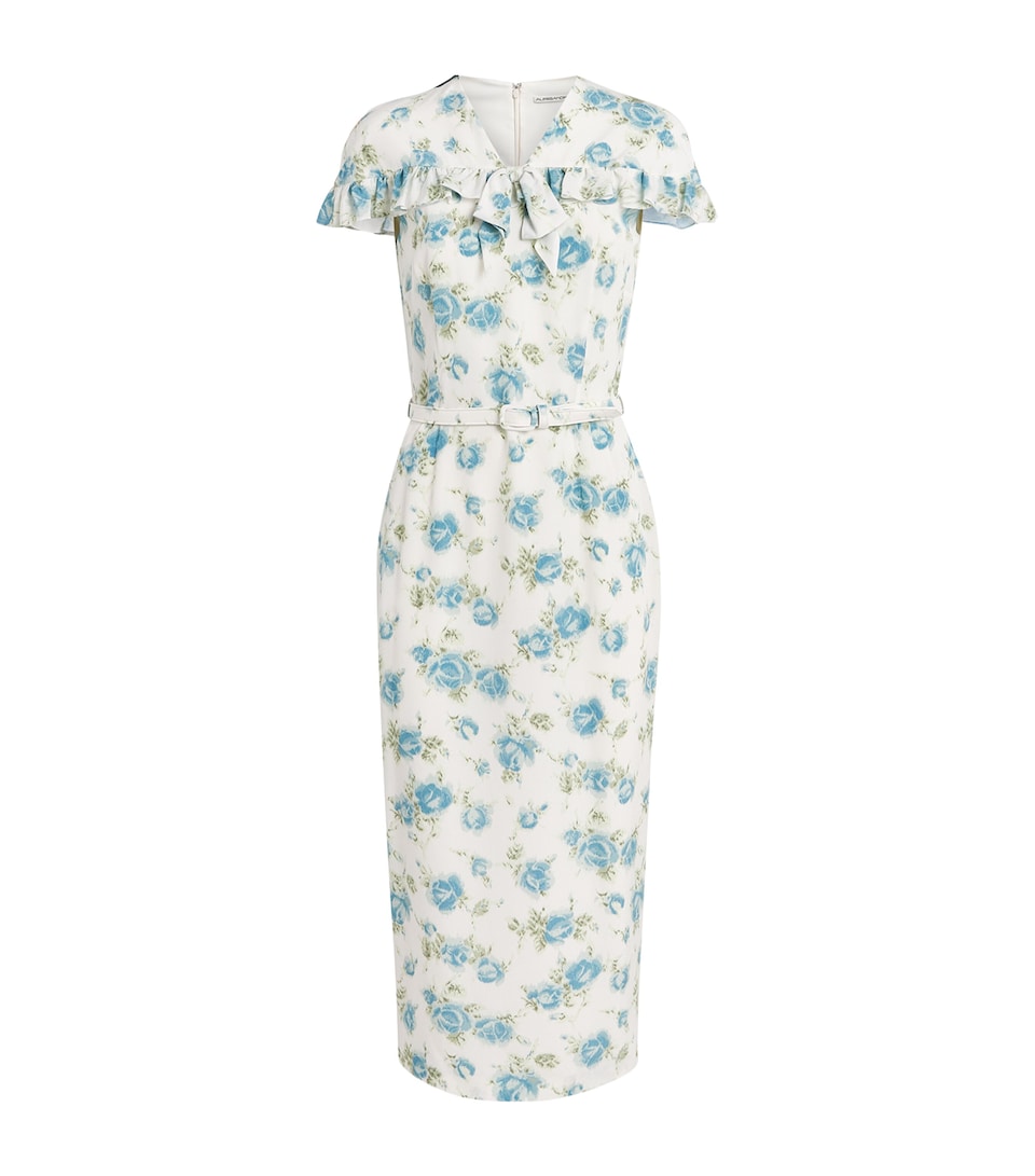 Alessandra Rich Womens Silk Floral Ruffled Midi Dress Blue White