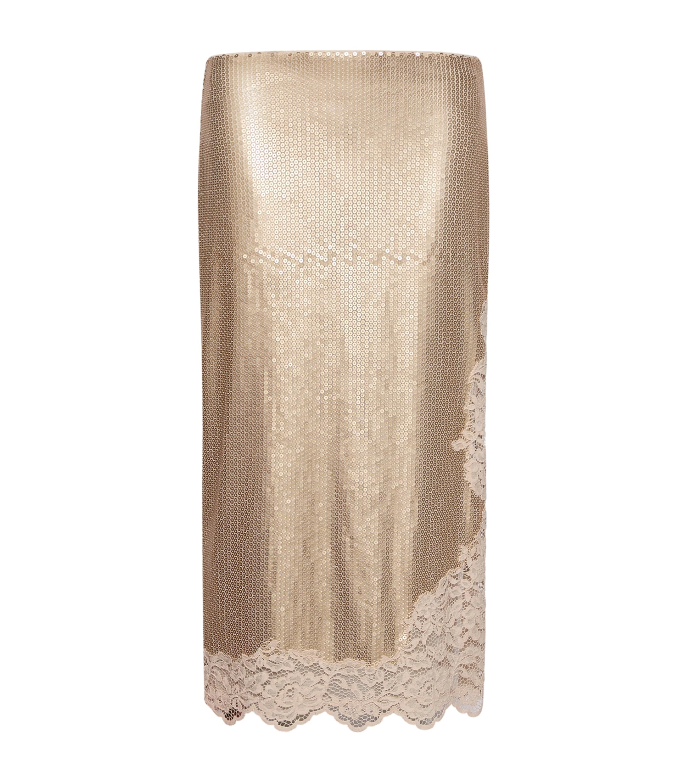 Marella Womens Sequin Lace-Trim Midi Skirt Platinum