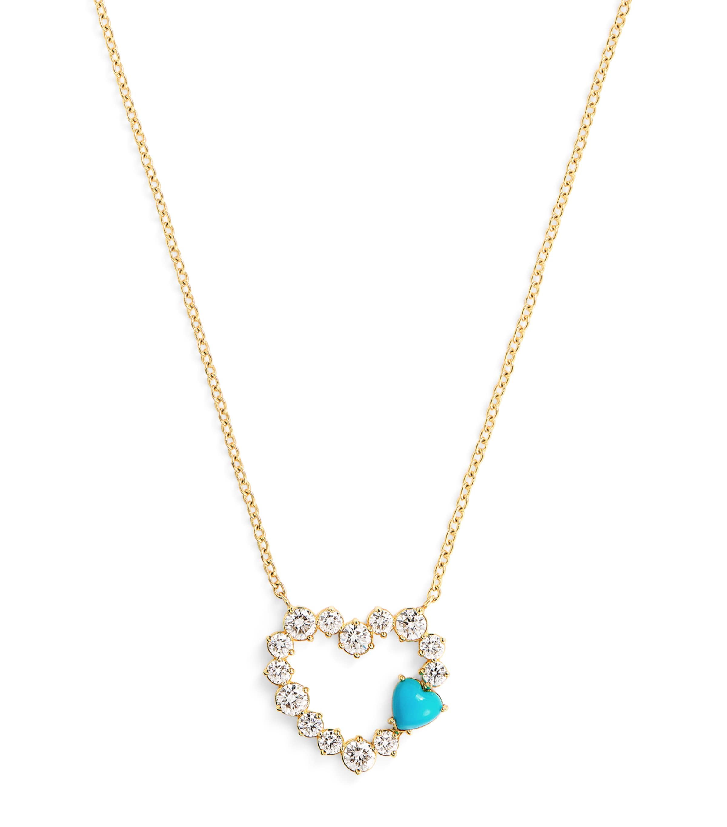 Yellow Gold, Diamond and Turquoise Open Heart Necklace