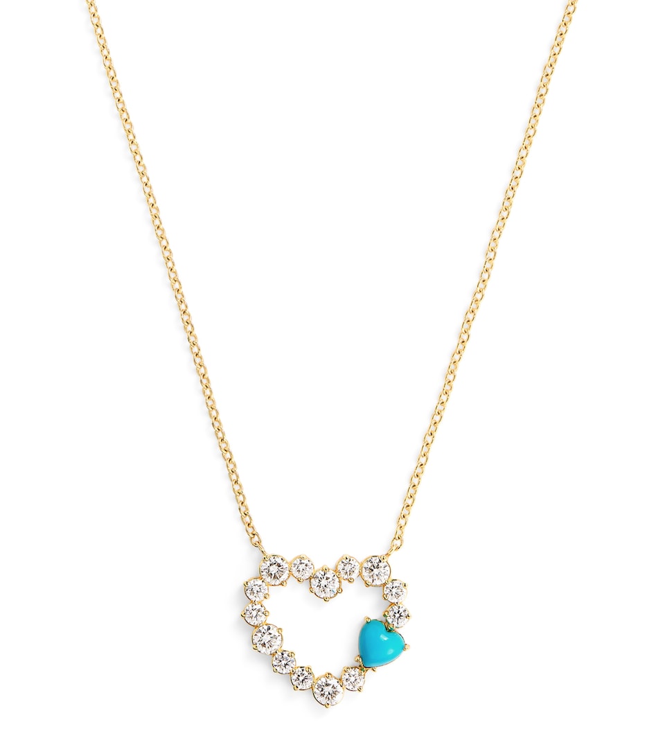 Yellow Gold, Diamond and Turquoise Open Heart Necklace