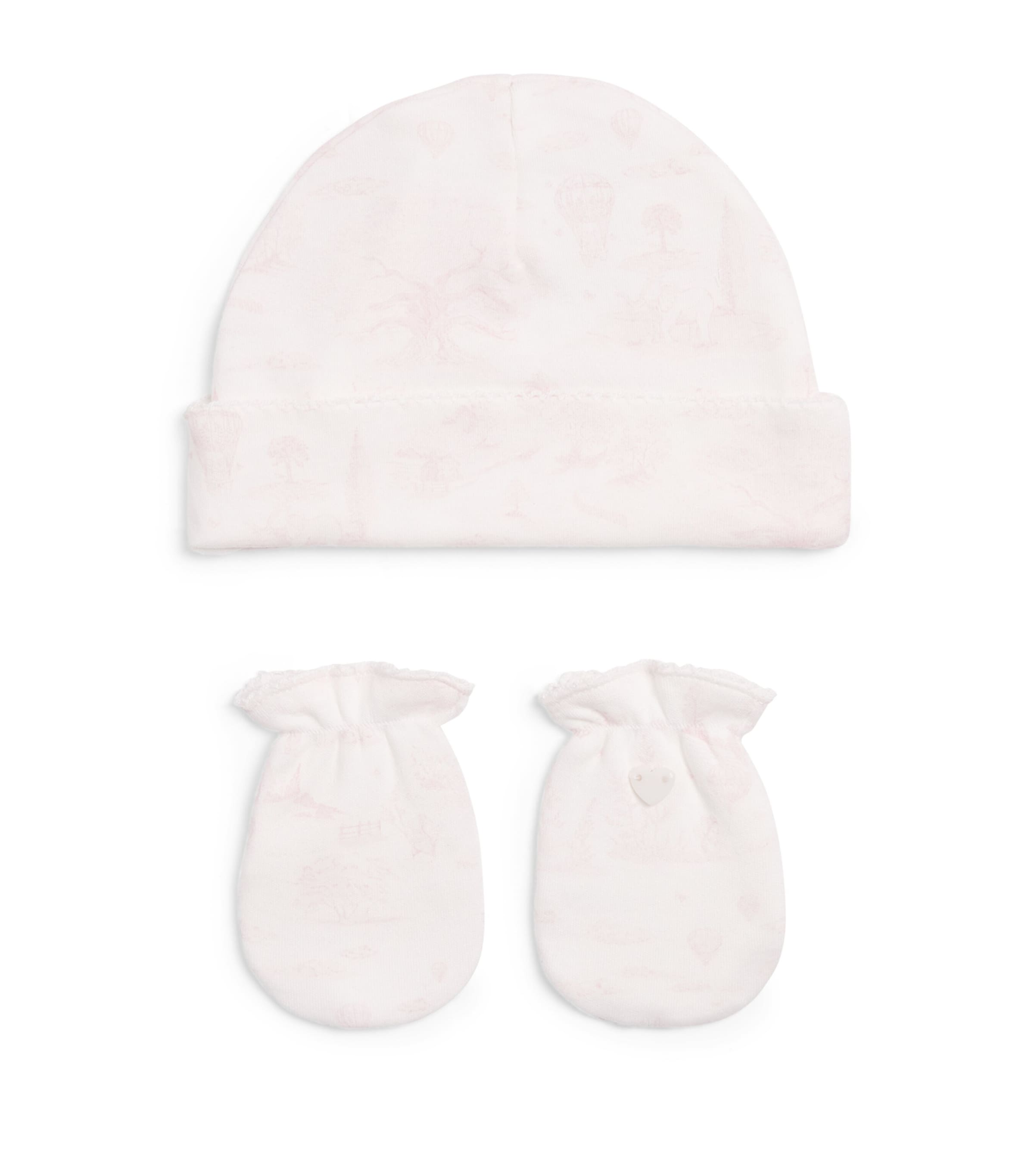 Marie-Chantal Pima Cotton Toile De Jouy Delani Hat and Mittens Set Mc Pink