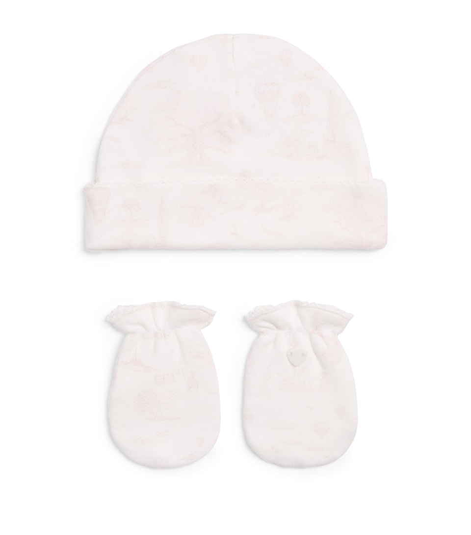 Marie-Chantal Pima Cotton Toile De Jouy Delani Hat and Mittens Set Mc Pink