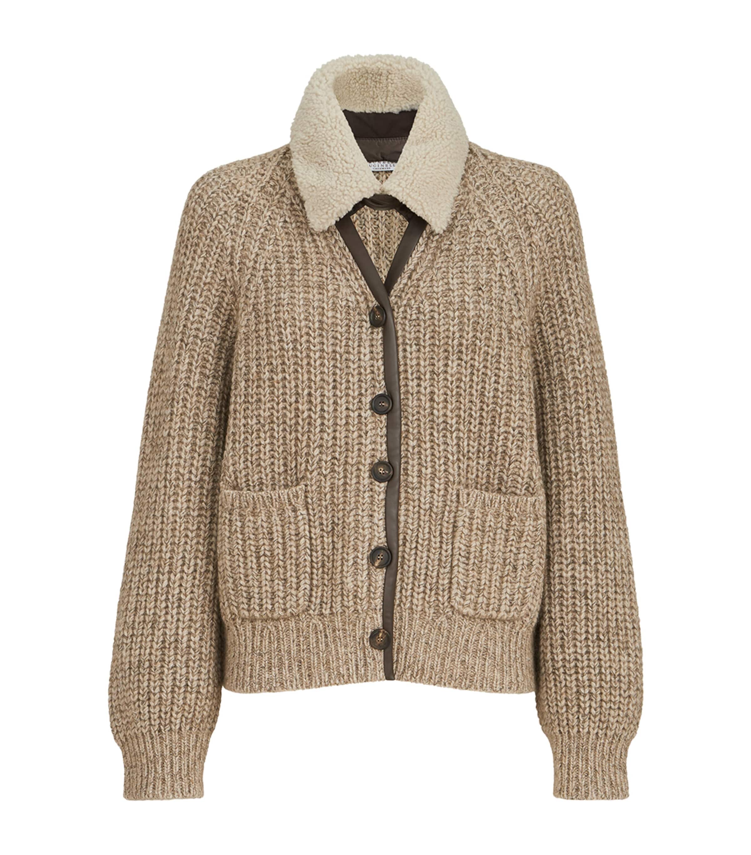 Brunello Cucinelli Womens Shearling-Trim Cardigan Brown