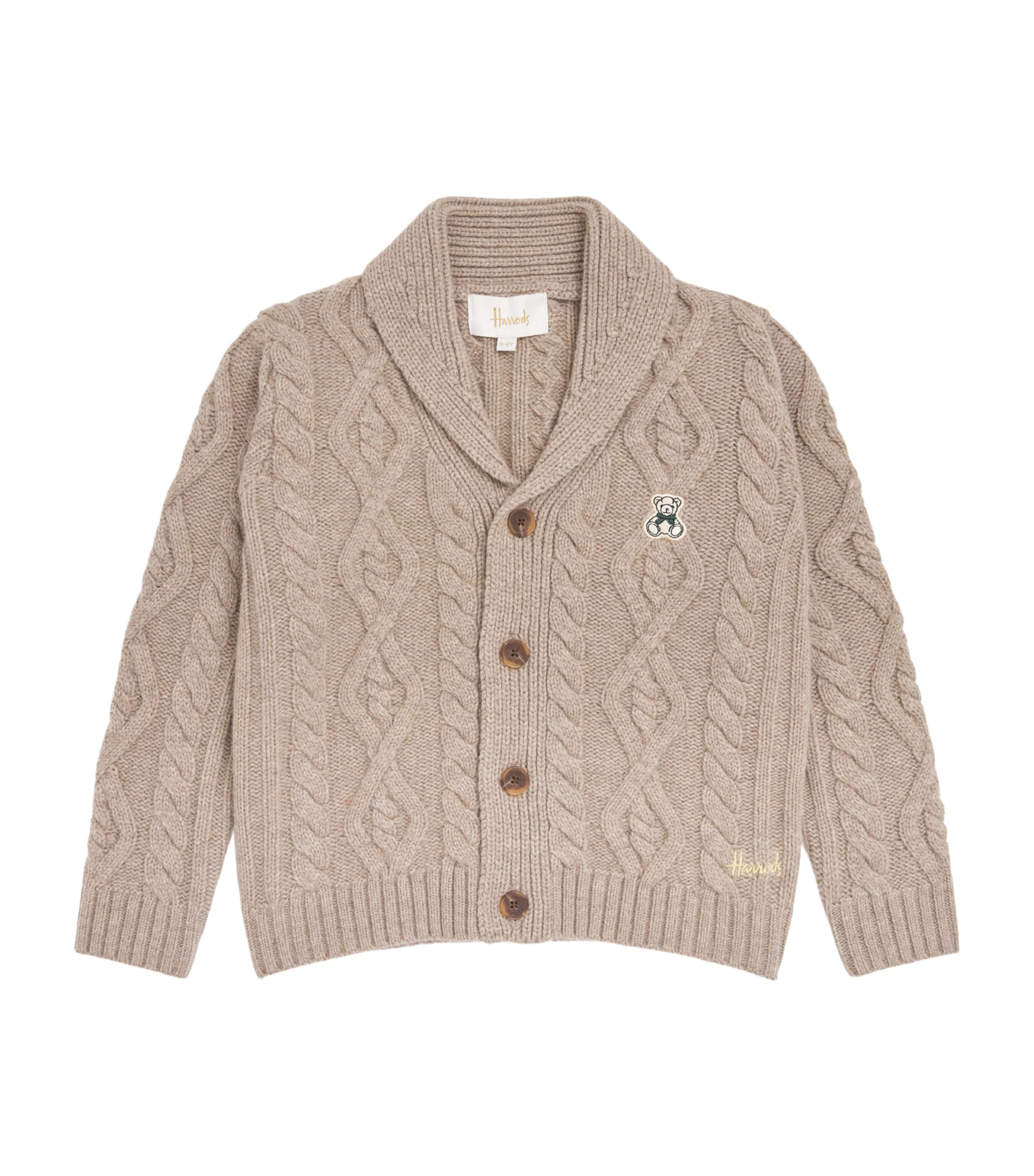Harrods Wool Cable-Knit Polo Bear Cardigan (2-8 Years) Oatmeal