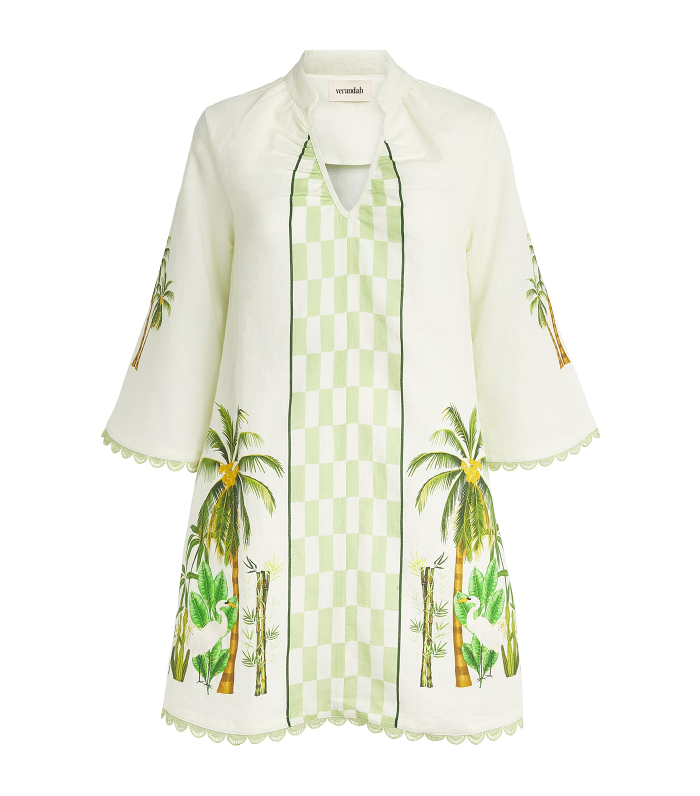 Linen-Cotton Palm Tie Mini Dress