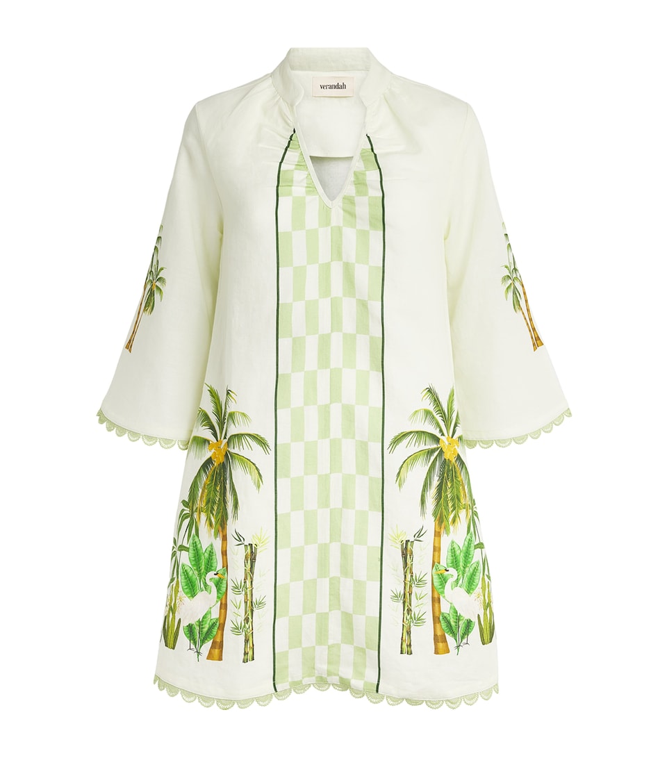 Linen-Cotton Palm Tie Mini Dress