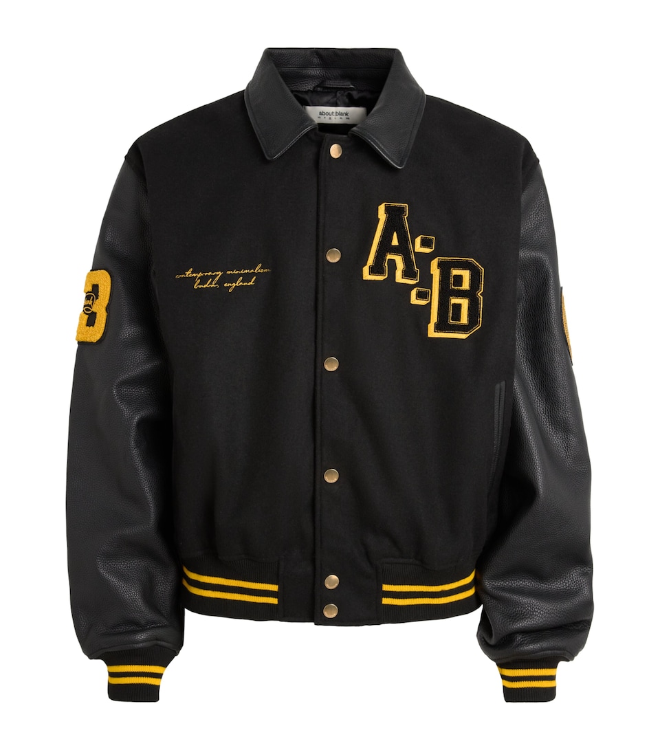 about:blank Mens Leather-Wool Letterman Jacket Black