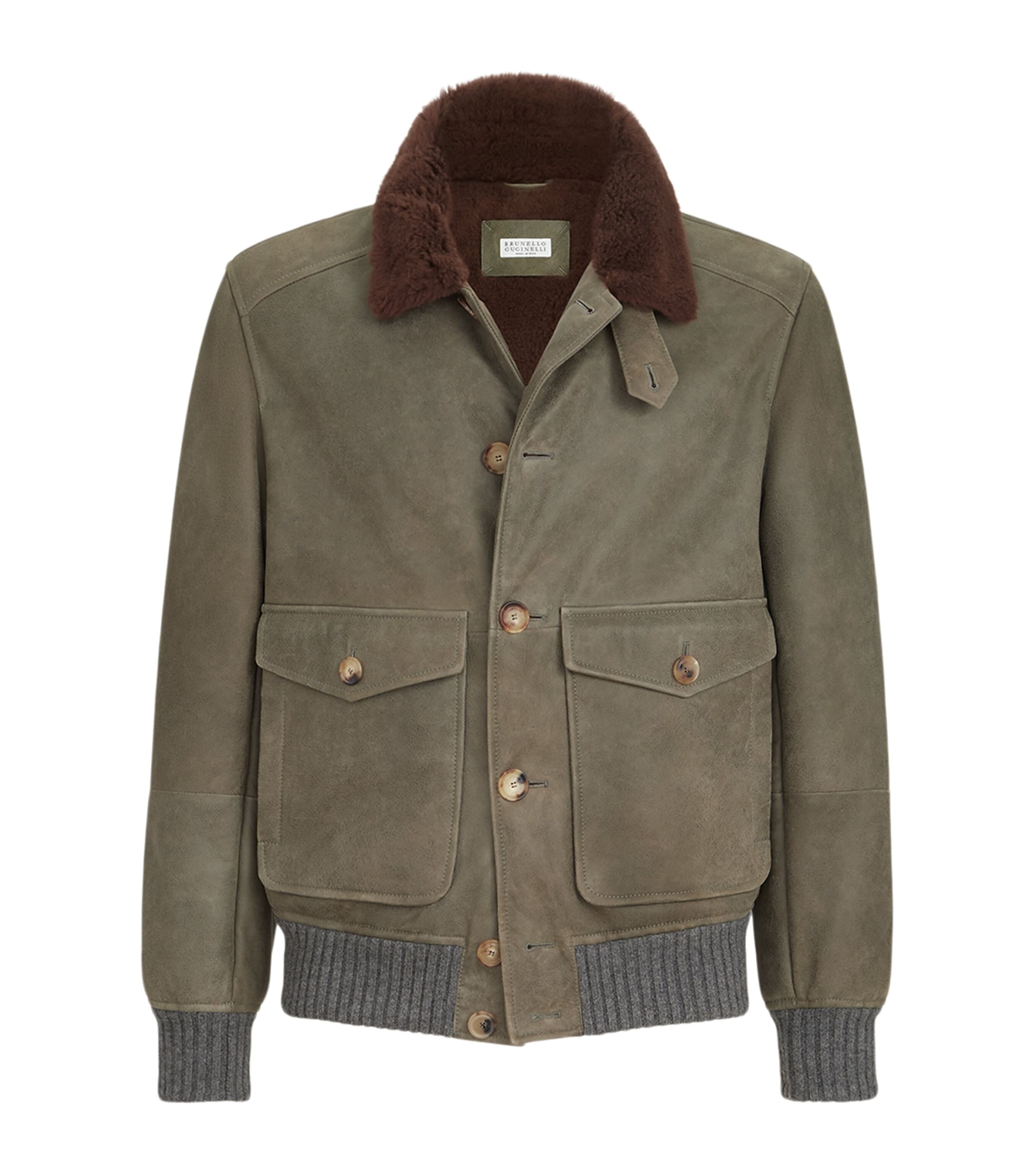 Brunello Cucinelli Mens Leather Shearling-Trim Jacket