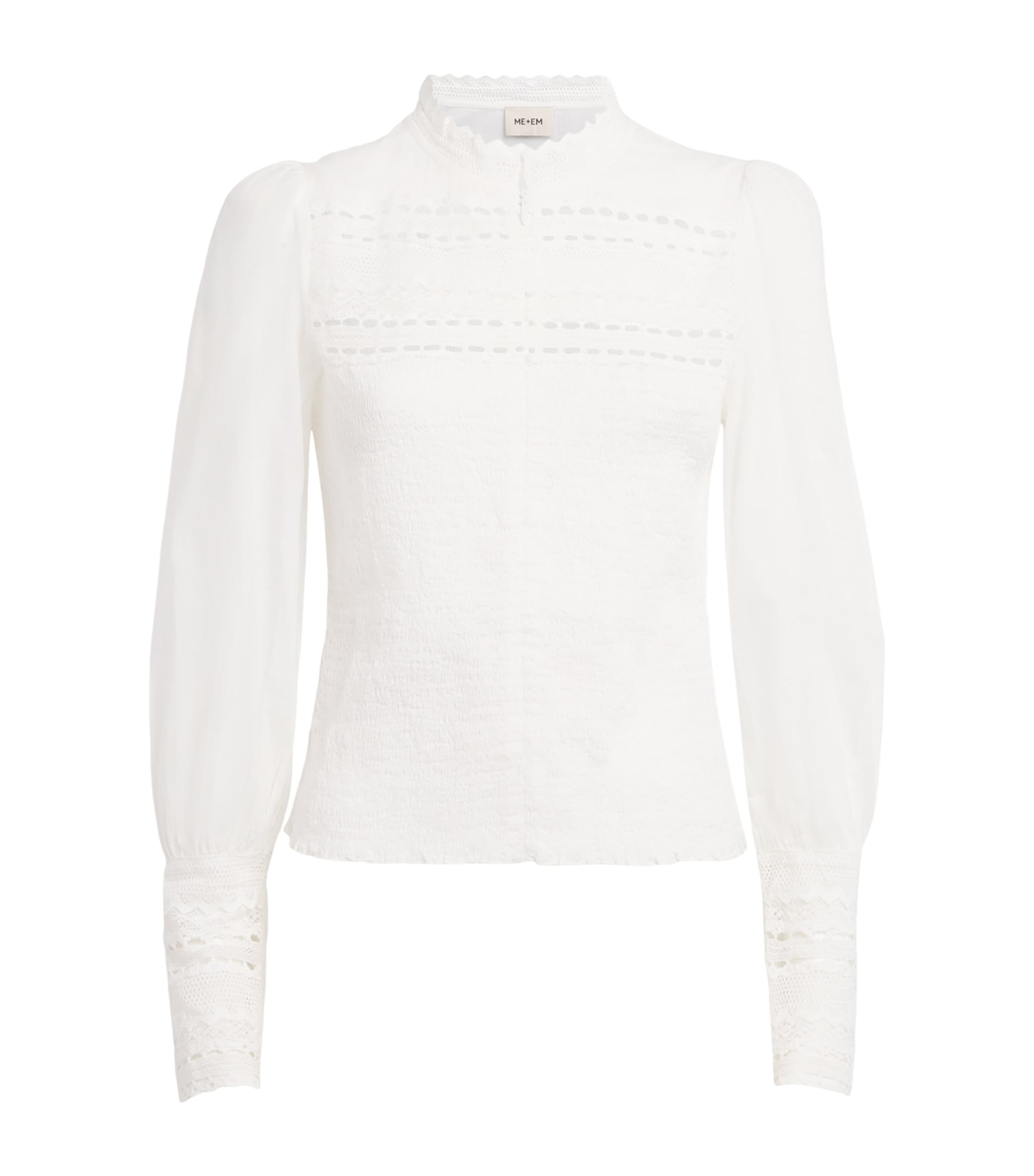 ME+EM Womens Cotton Lace Shirred Blouse White