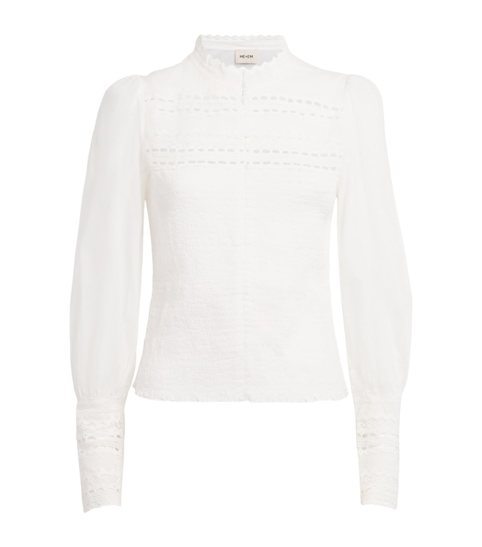 ME+EM Womens Cotton Lace Shirred Blouse White