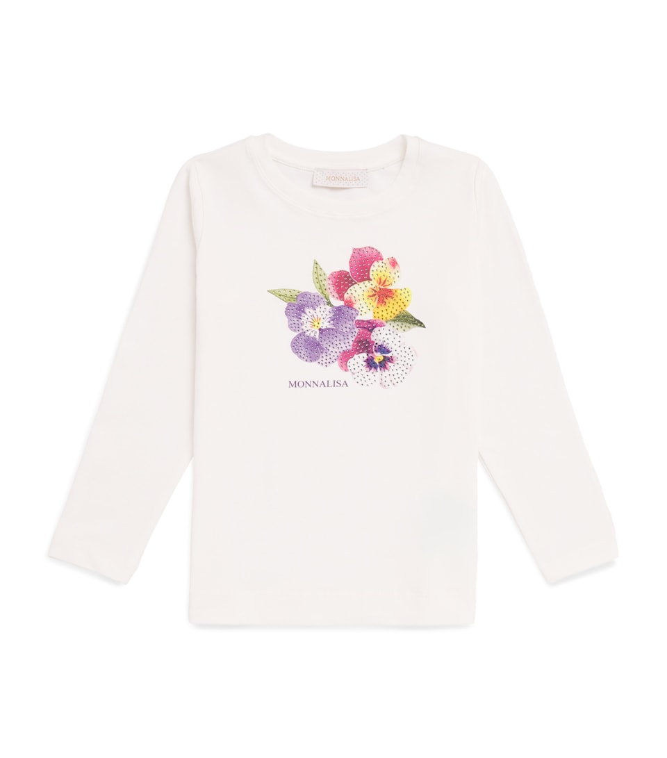 Monnalisa Embellished Flower Print T-Shirt (2-12 Years) Panna