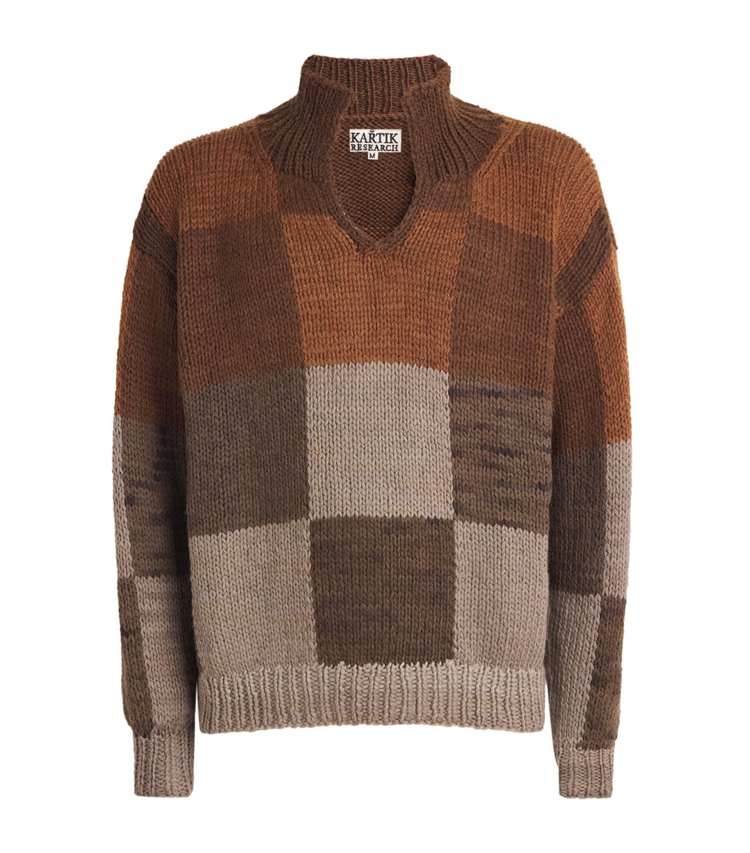 Kartik Research Mens Wool Check Rugby Knit Sweater Brown/rust