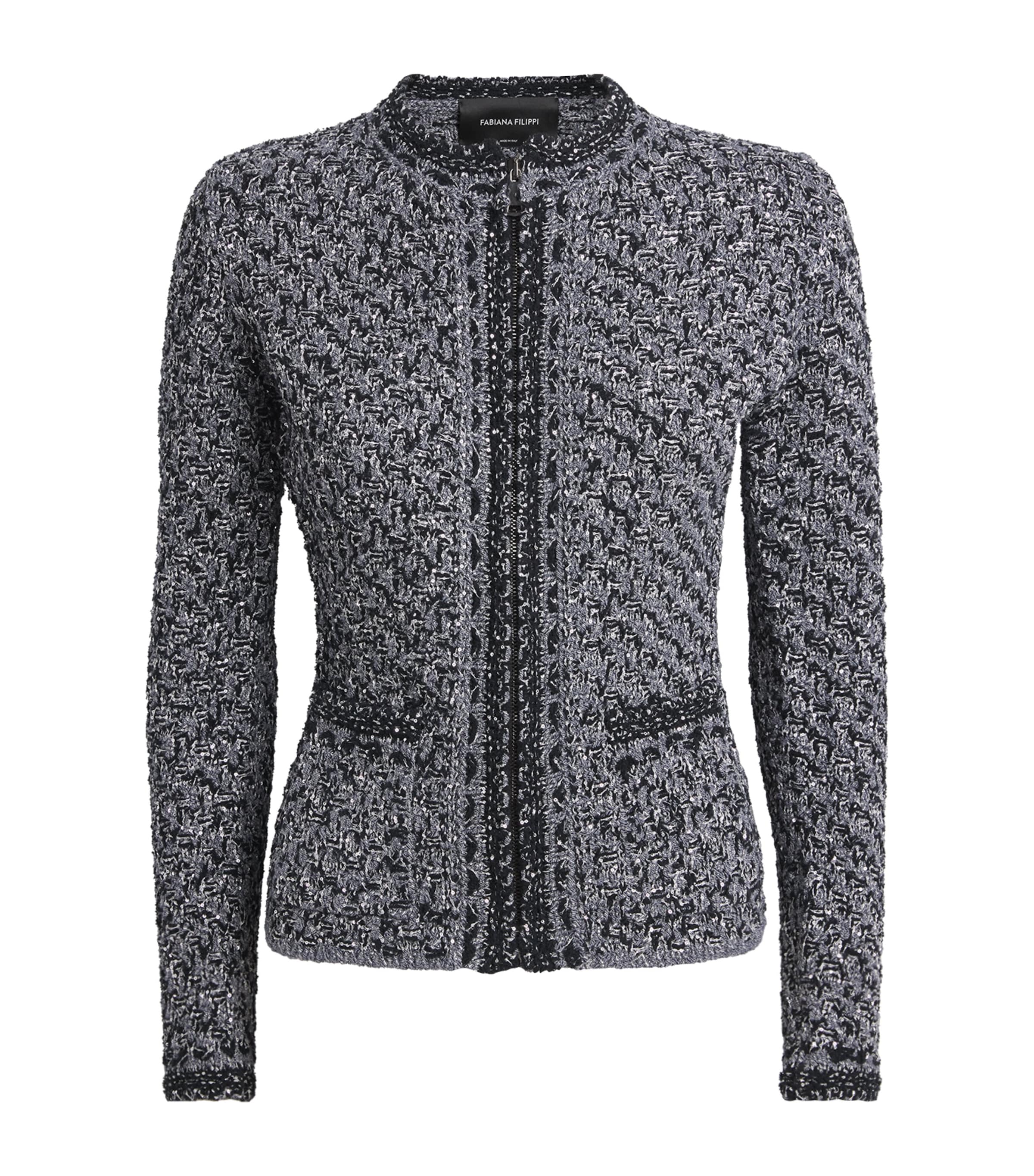 Embellished Tweed Zip-Up Cardigan