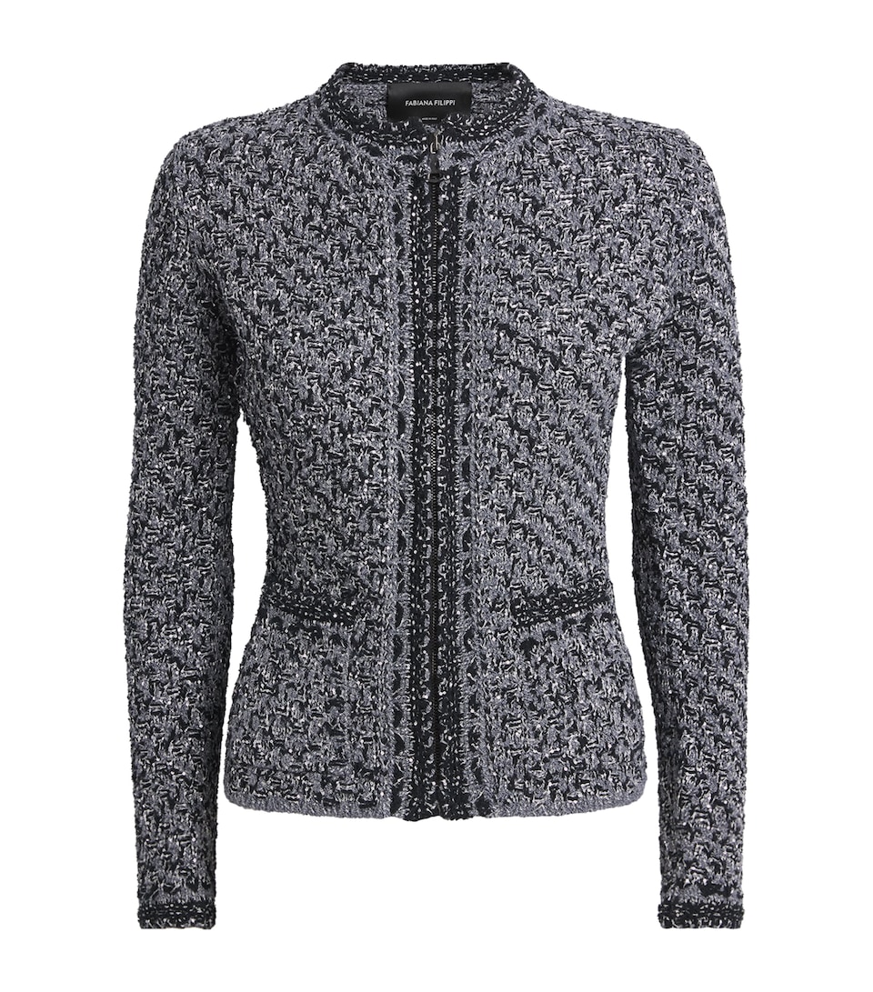 Embellished Tweed Zip-Up Cardigan