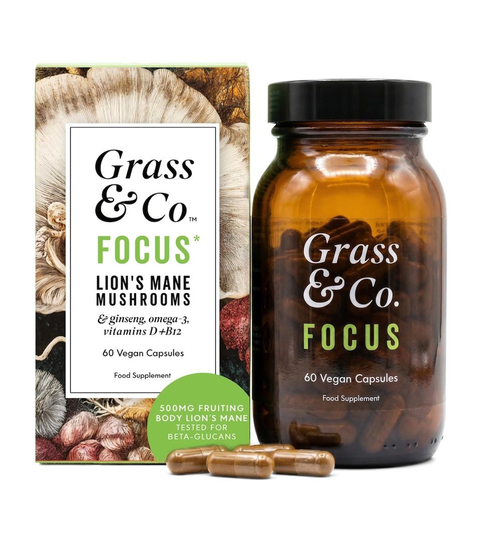 Grass & Co. FOCUS Lion's Mane Mushrooms with Ginseng + Omega-3 (60 Vegan Capsules)