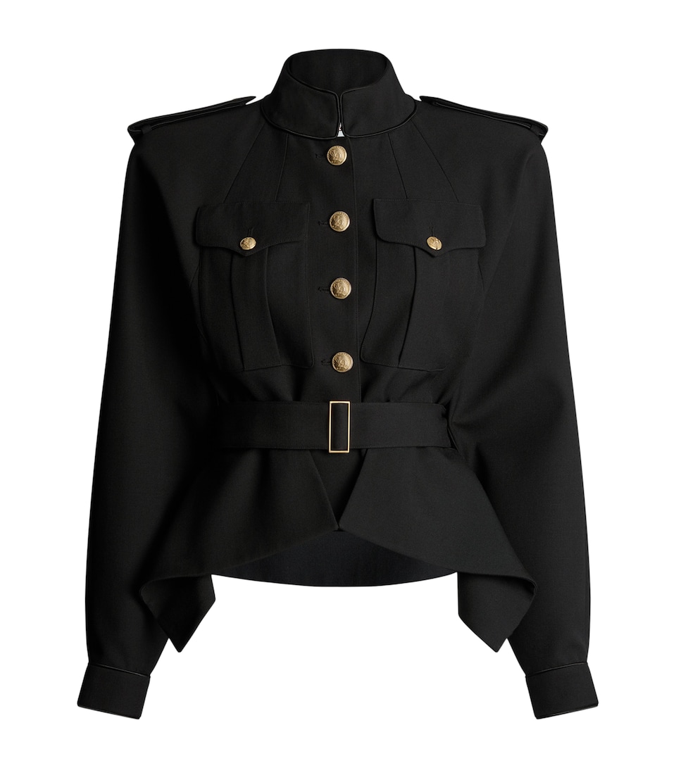 Balmain Womens Virgin Wool Belted Jacket Noir