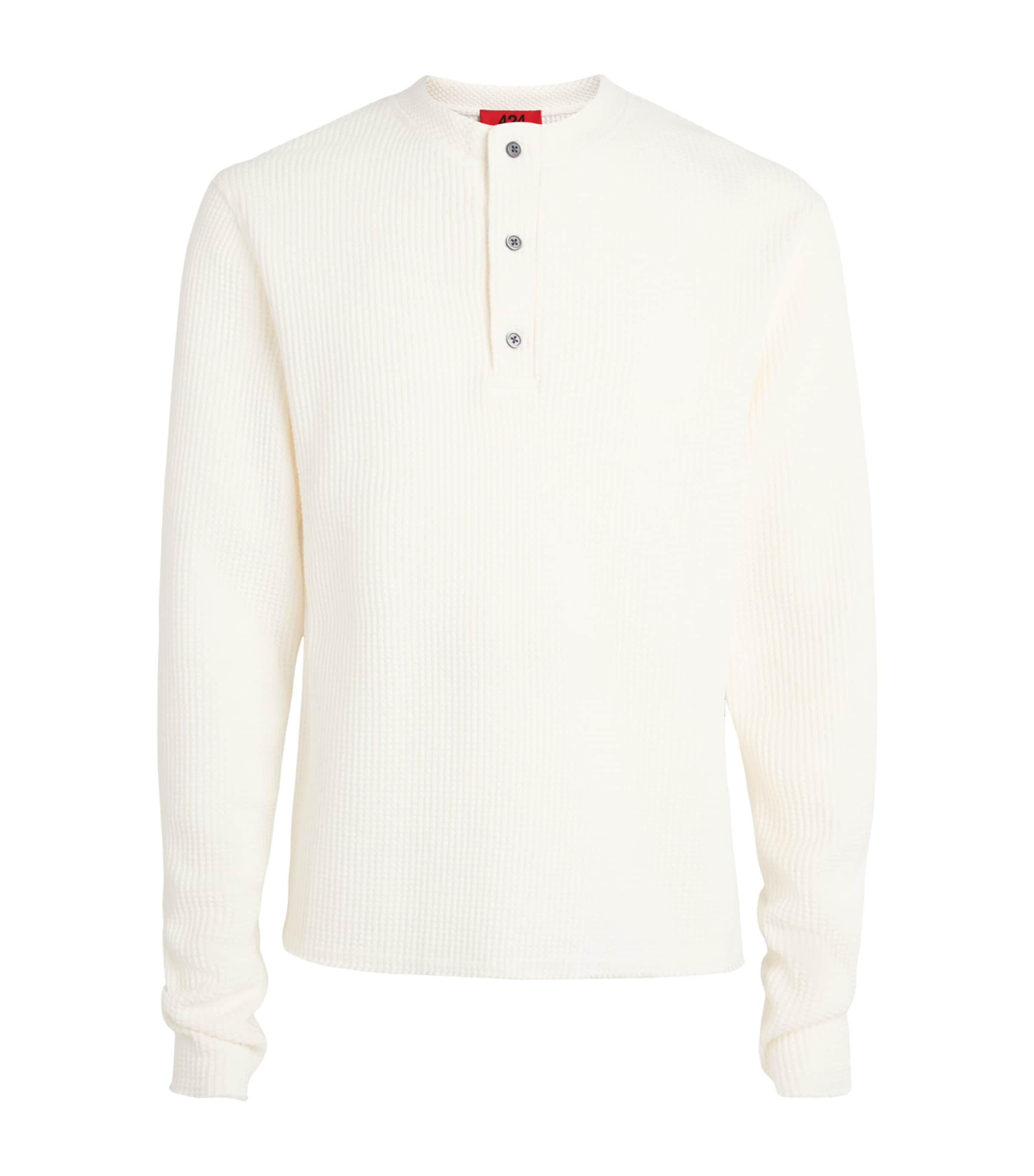 424 Mens Waffle-Knit Long-Sleeve Henley Top Bright Wht