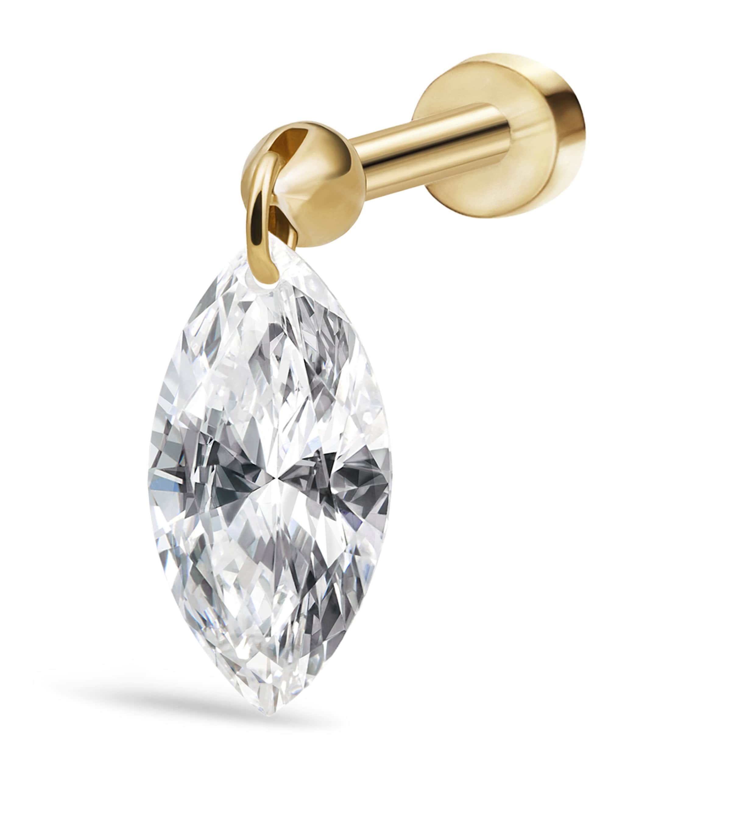 Yellow Gold Floating Marquise Diamond Charm Threaded Stud Earring (6mm)