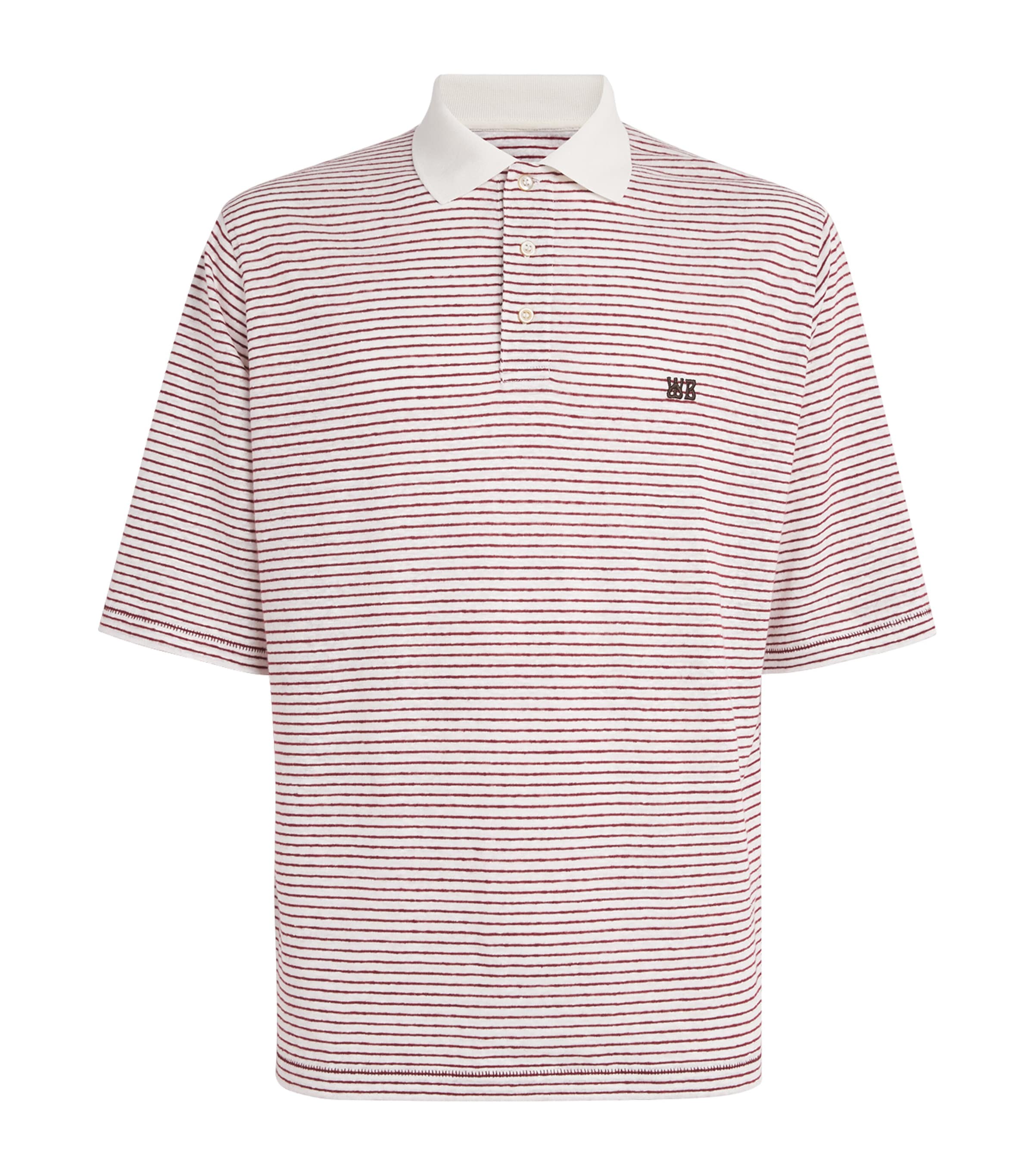 Wales Bonner Mens Linen-Cotton Stripe Bask Polo Shirt Ivory / Wine