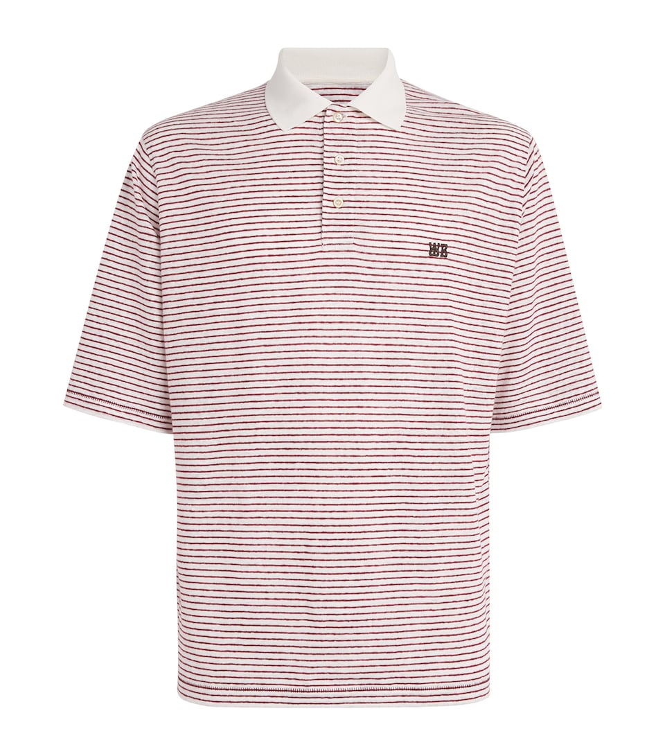 Wales Bonner Mens Linen-Cotton Stripe Bask Polo Shirt Ivory / Wine