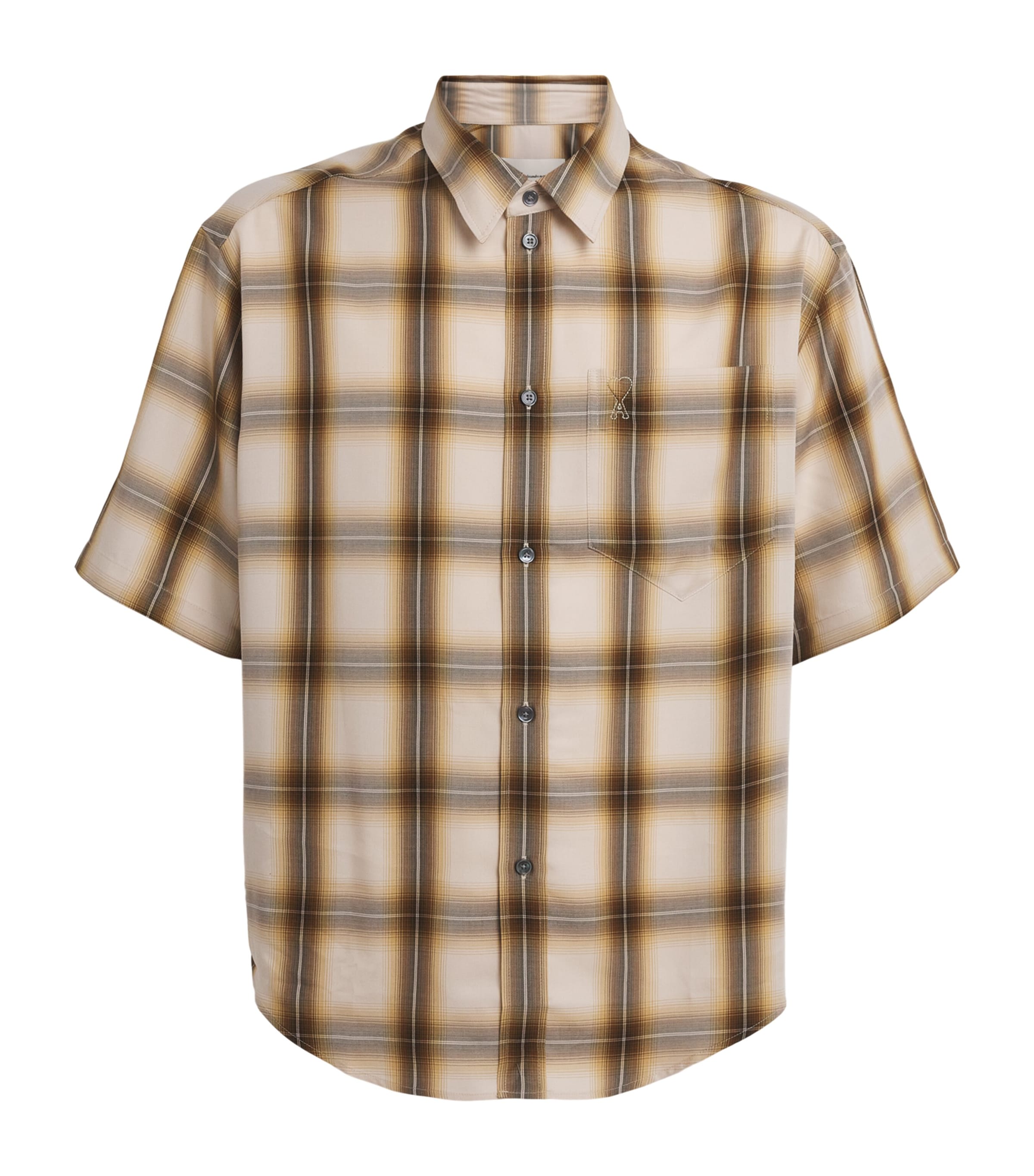 AMI Paris Mens Check Short-Sleeve Shirt Taup Beig/carml