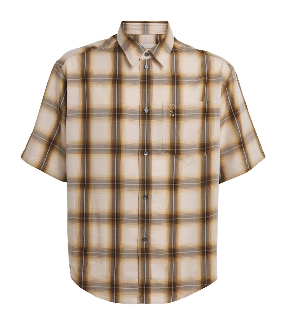 AMI Paris Mens Check Short-Sleeve Shirt Taup Beig/carml