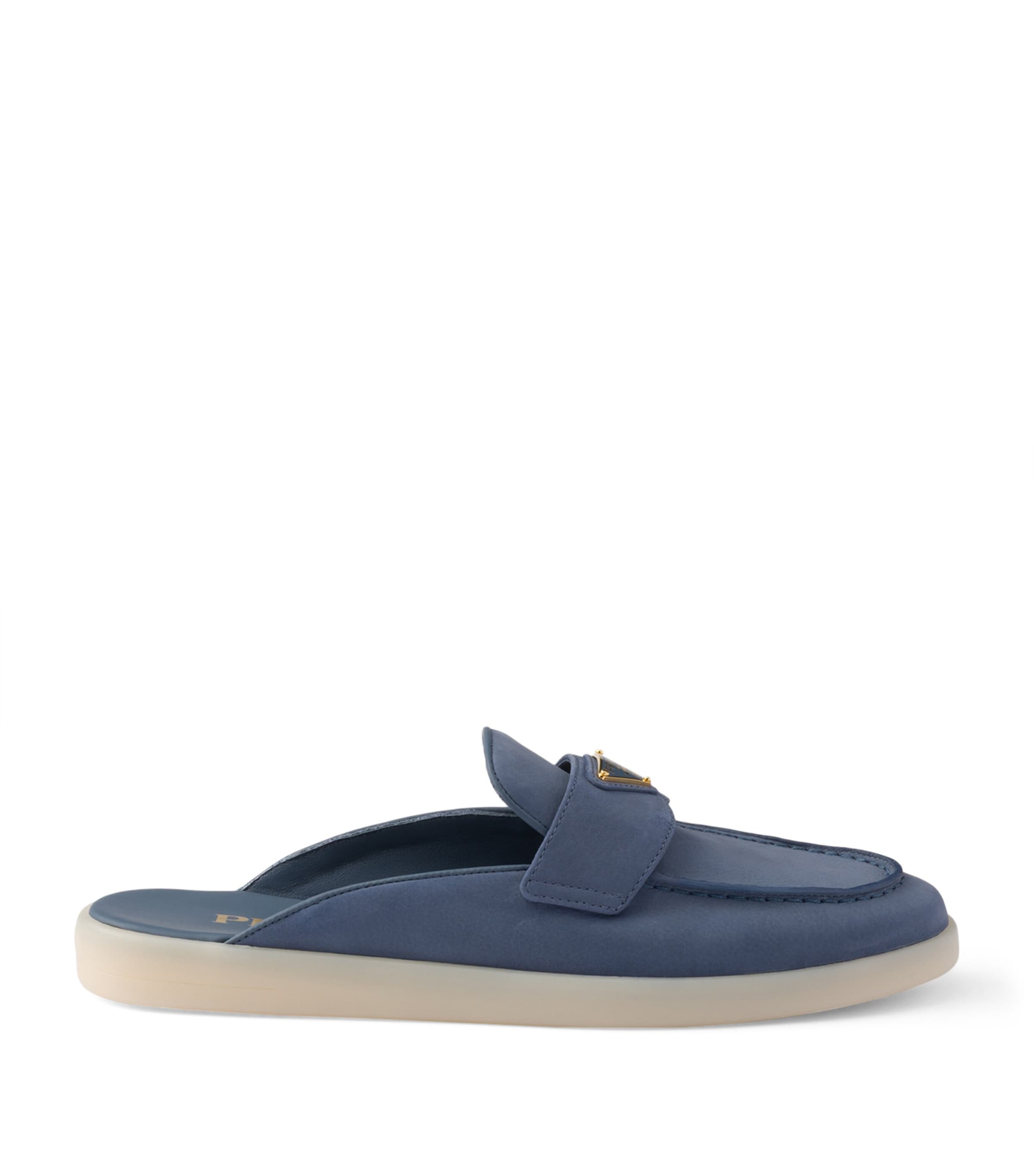 Prada Leather Triangle Mules Blue