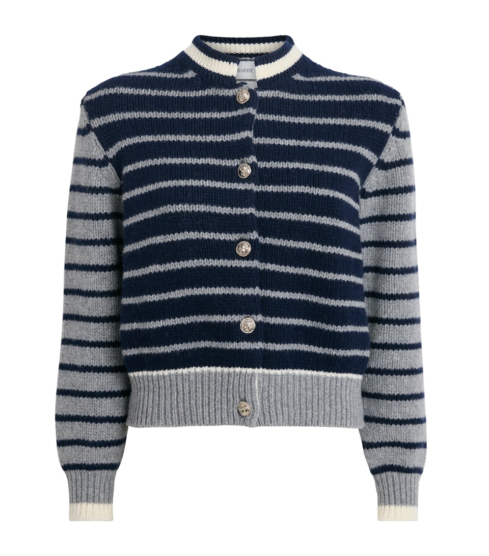 Barrie Womens Wool-Cashmere Stripe Cardigan Grey Flanel Mlti