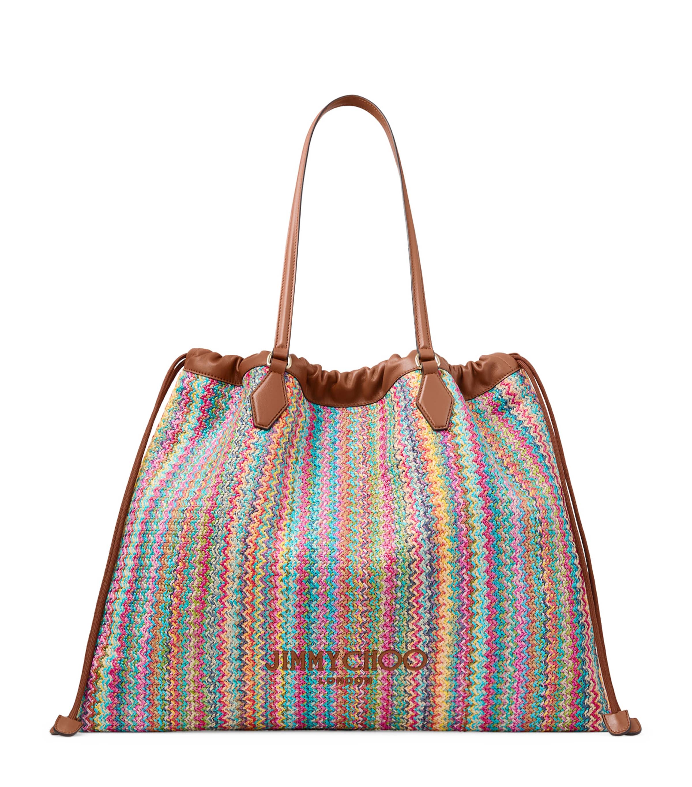 Jimmy Choo Large Raffia Drawstring Tote Bag Multi/tan/light Gold