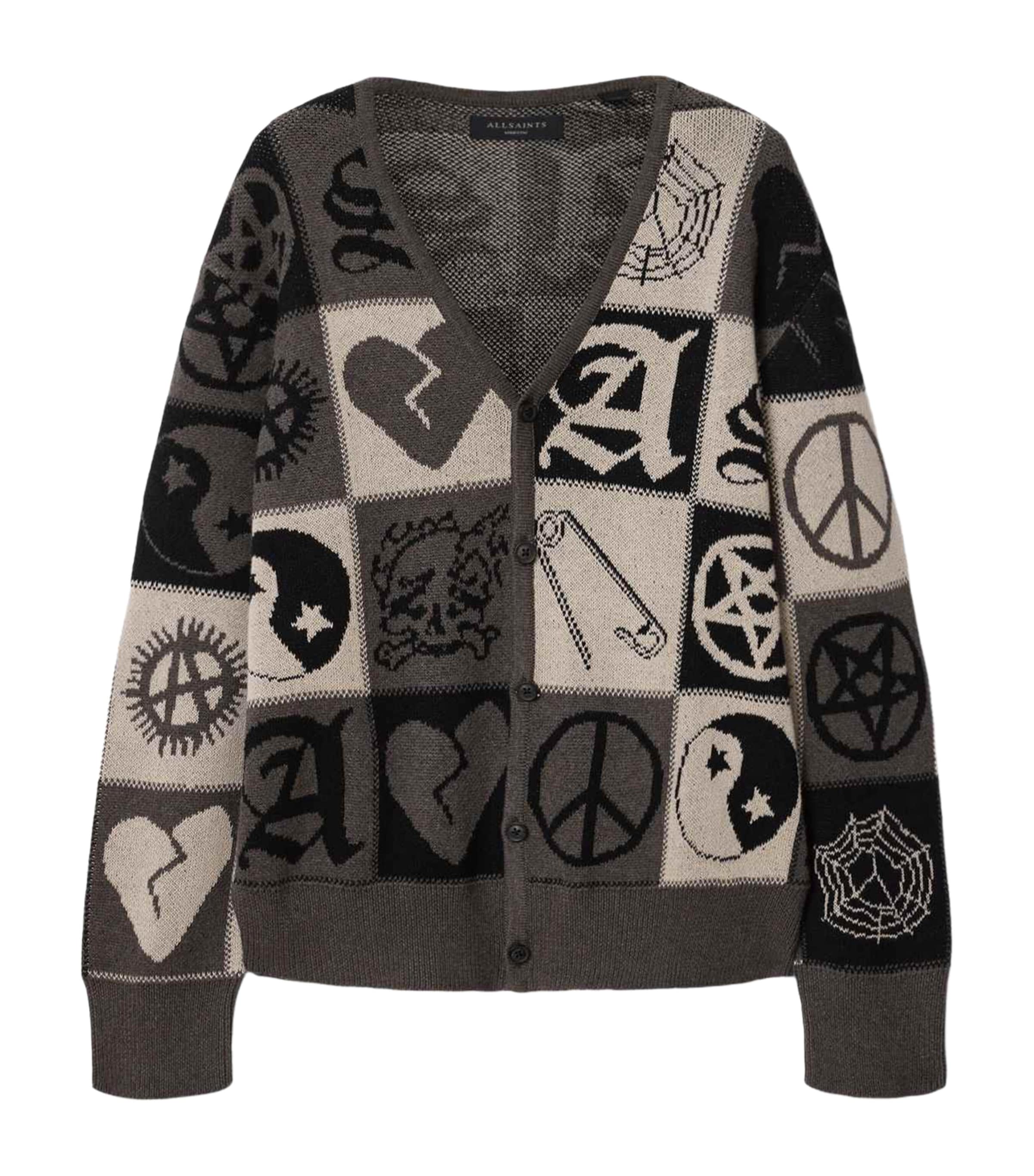 AllSaints Mens Organic Cotton Barker Cardigan Taupe Brown/black