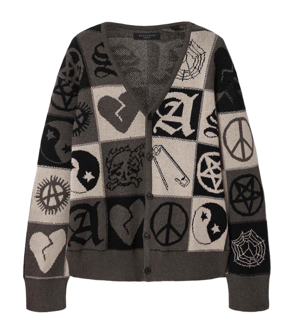 AllSaints Mens Organic Cotton Barker Cardigan Taupe Brown/black