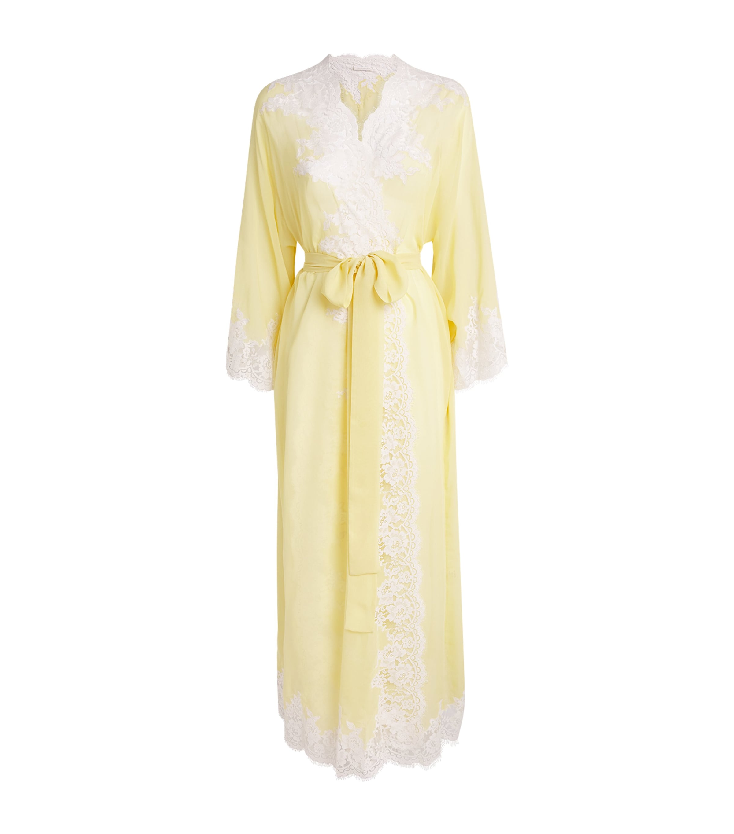 Rosamosario Womens Silk Georgette Lace La Papessa Robe Baby Yellow