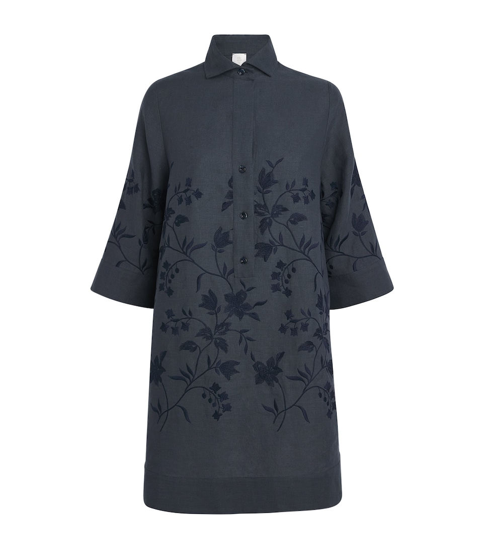 Eleventy Womens Linen Embroidered Mini Shirt Dress Blu Nuovo
