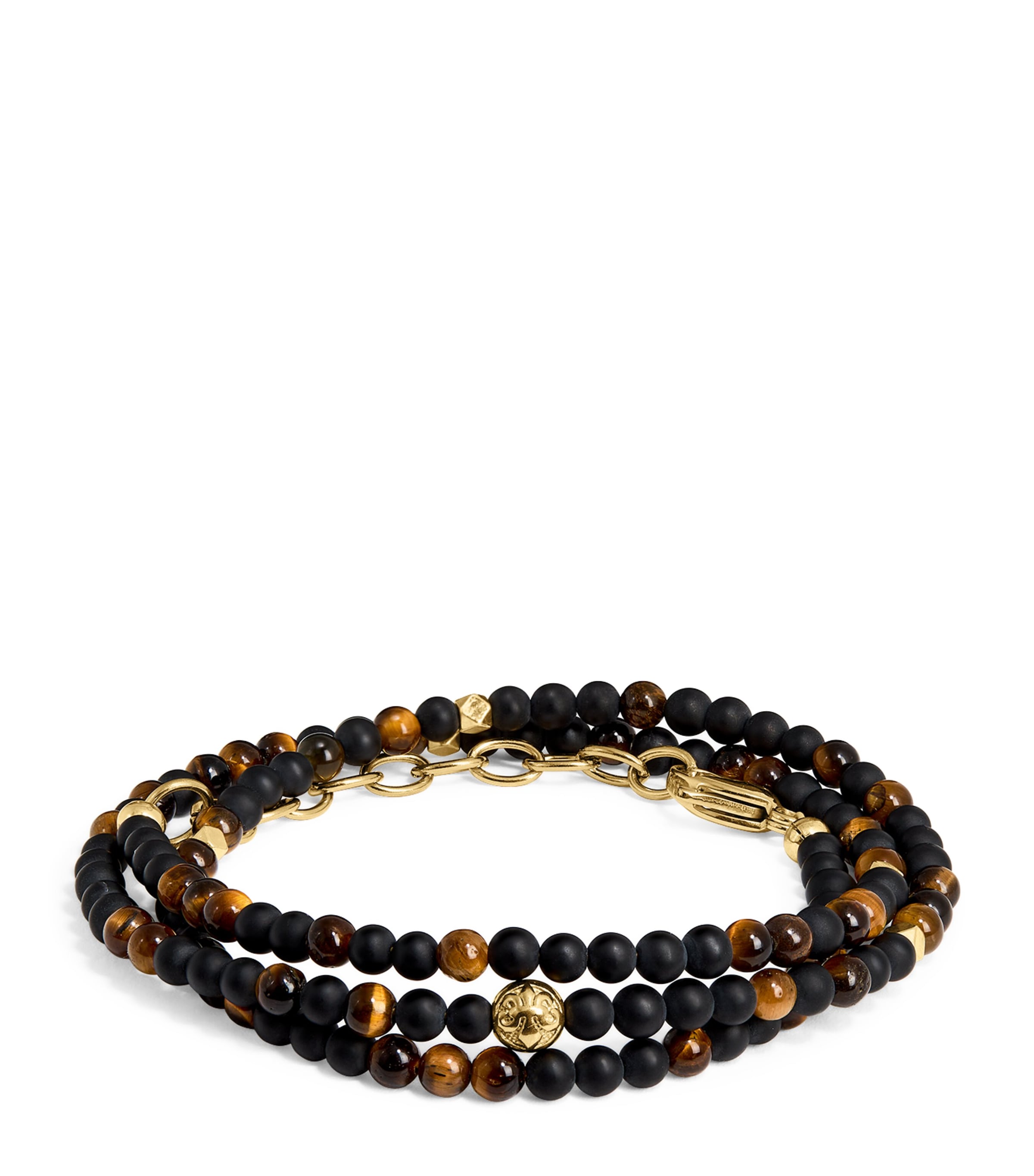Gold-Plated Stainless Steel, Brown Tiger Eye and Matte Onyx Beaded Bracelet