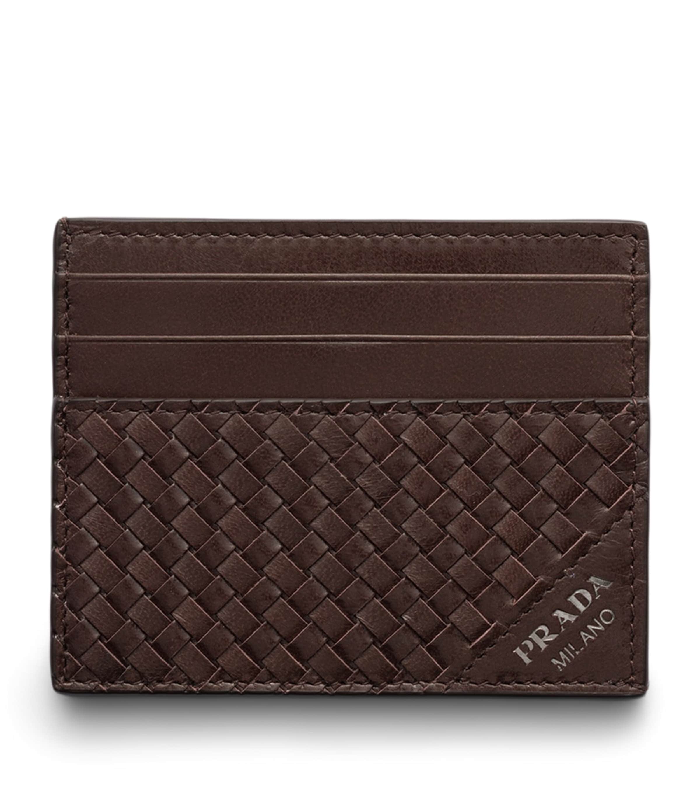 Prada Leather Woven Card Holder Brown