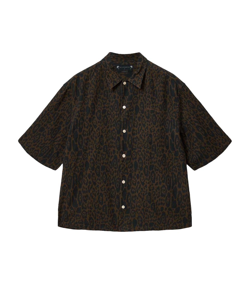 AllSaints Mens Organic Cotton-Linen Leopardo Shirt Hot Choc Brown