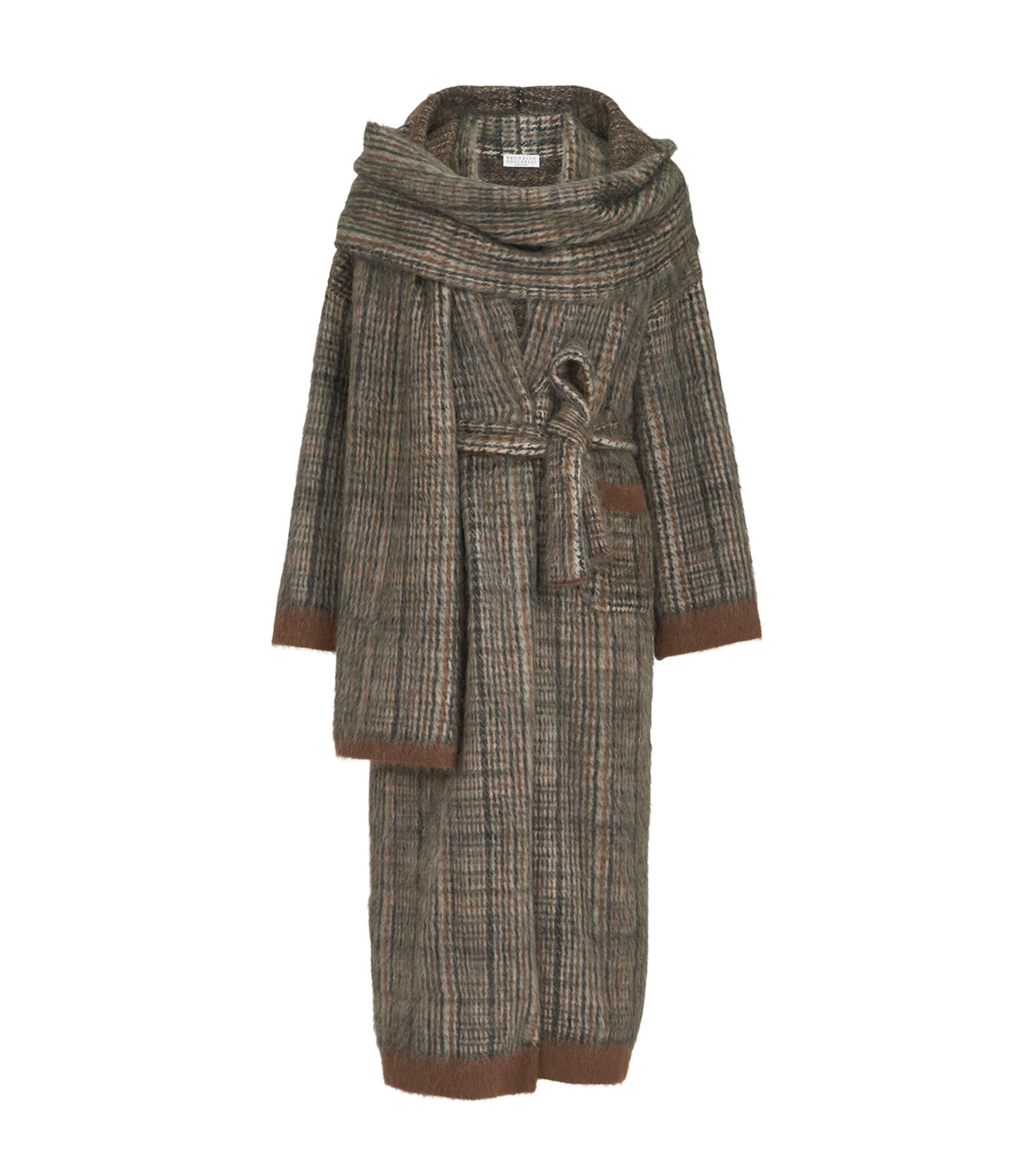 Brunello Cucinelli Womens Wool-Blend Scarf-Detail Coat White+grey+brown
