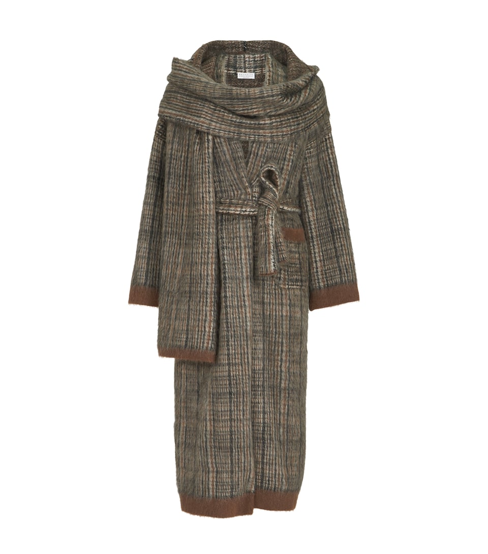 Brunello Cucinelli Womens Wool-Blend Scarf-Detail Coat White+grey+brown